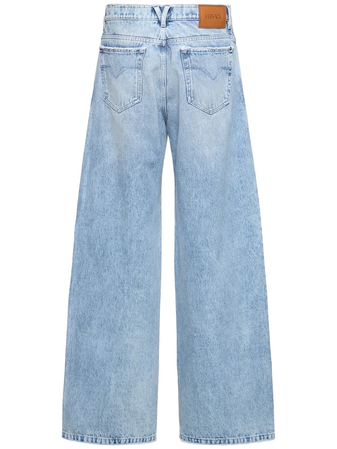 Shop Versace Stonewashed Denim Wide Jeans In Light Blue