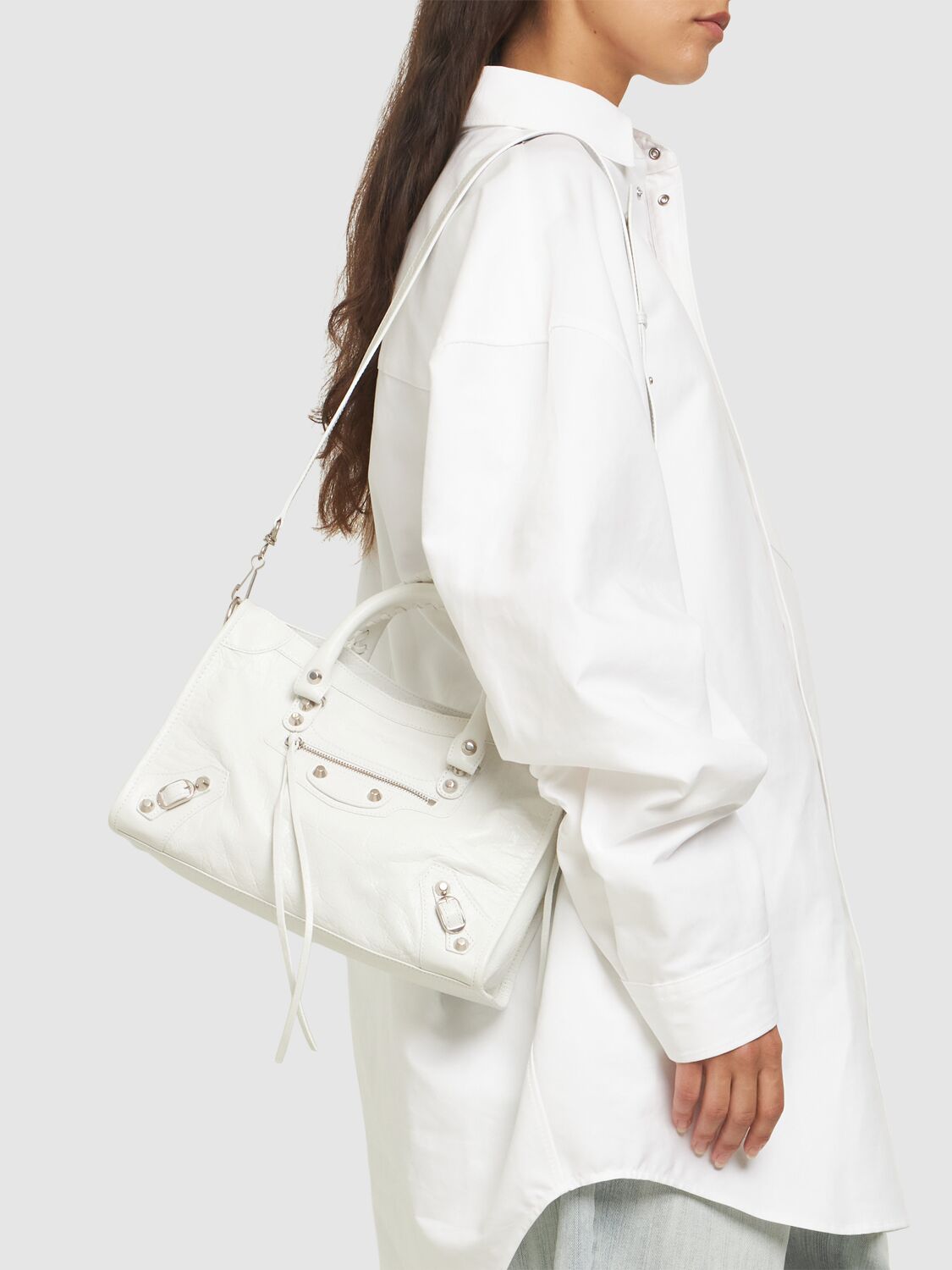 Shop Balenciaga Small Le City Arena Leather Shoulder Bag In Optic White