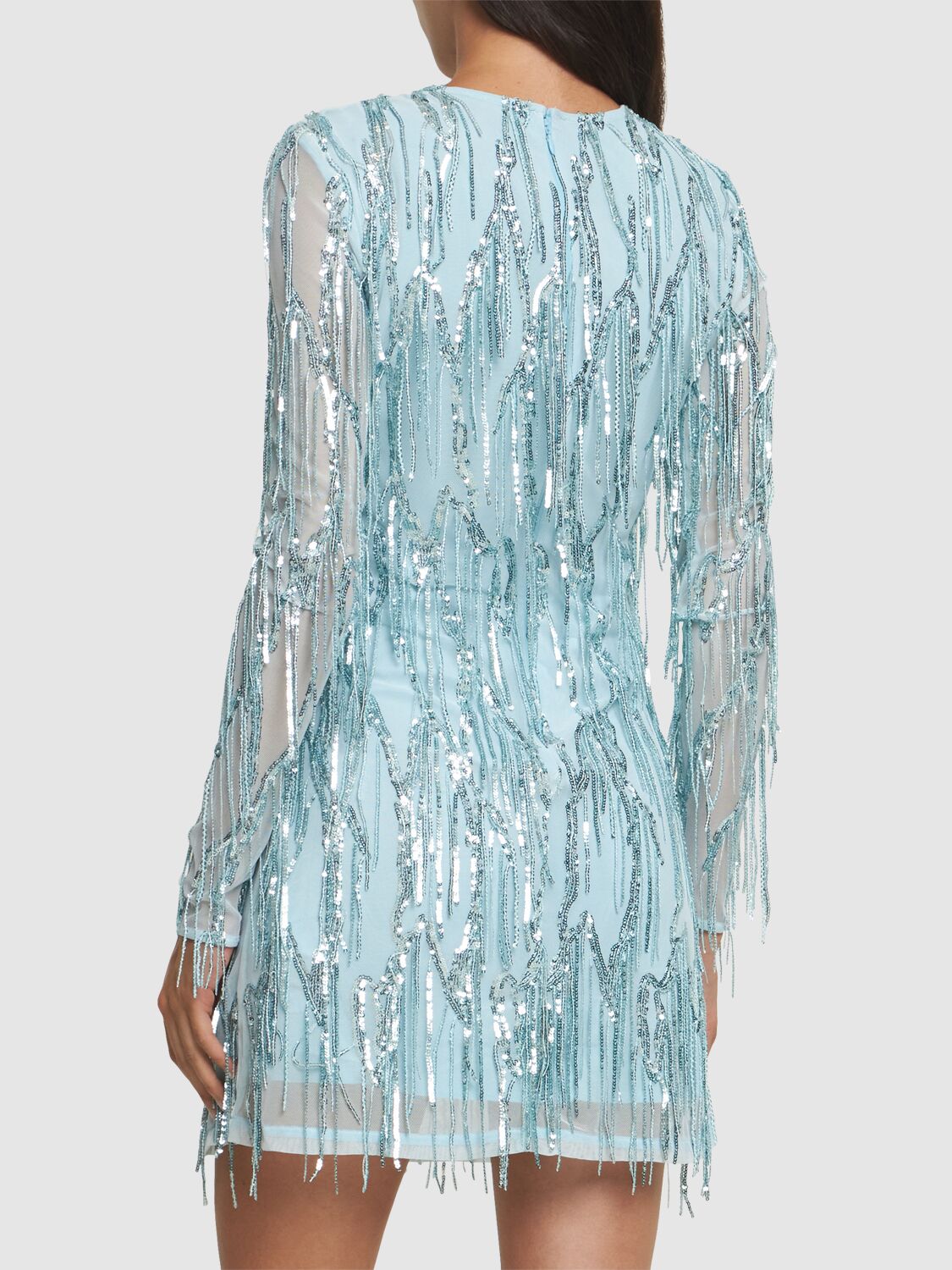 Shop Rotate Birger Christensen Embellished Mini Dress W/ Fringes In Light Blue