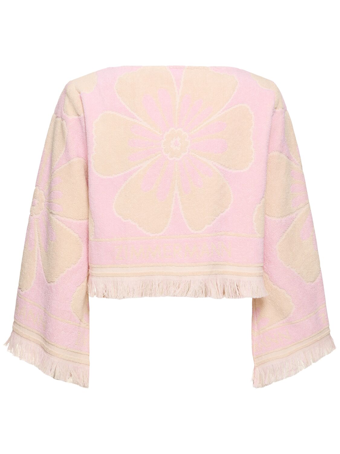 Shop Zimmermann Pop Printed Cotton Long Sleeve Crop Top In Pink/cream