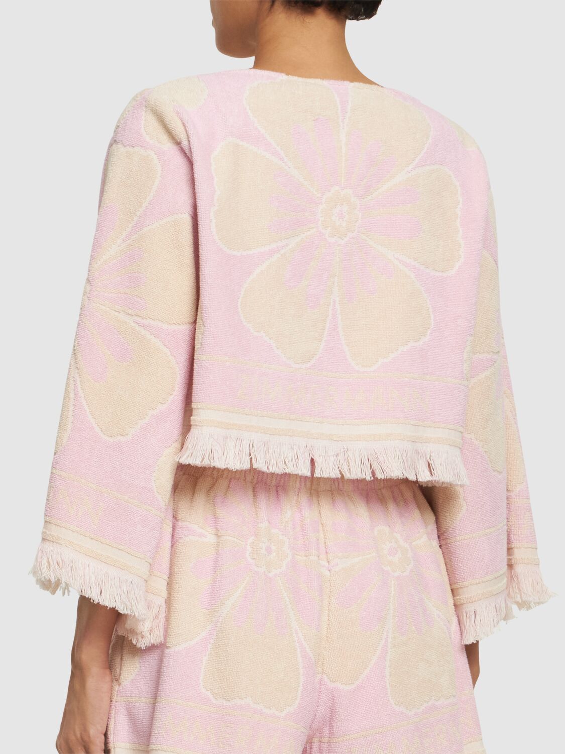 Shop Zimmermann Pop Printed Cotton Long Sleeve Crop Top In Pink/cream