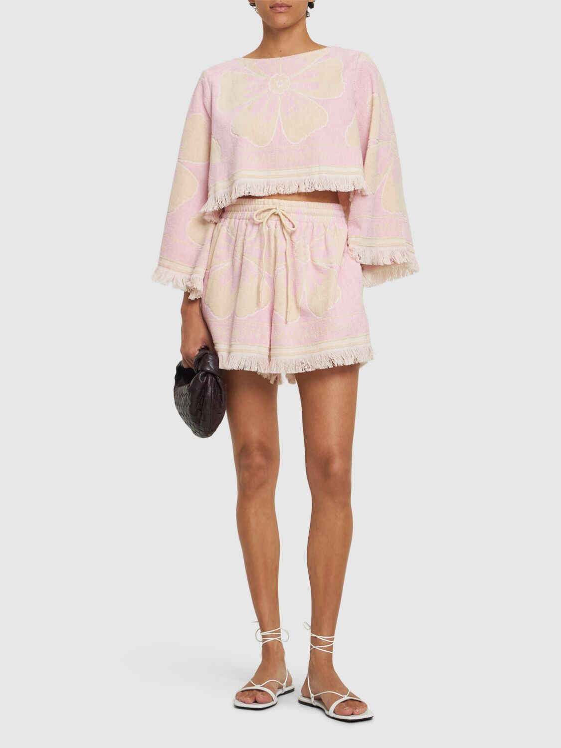 Shop Zimmermann Pop Cotton Fringed Shorts In Pink/cream