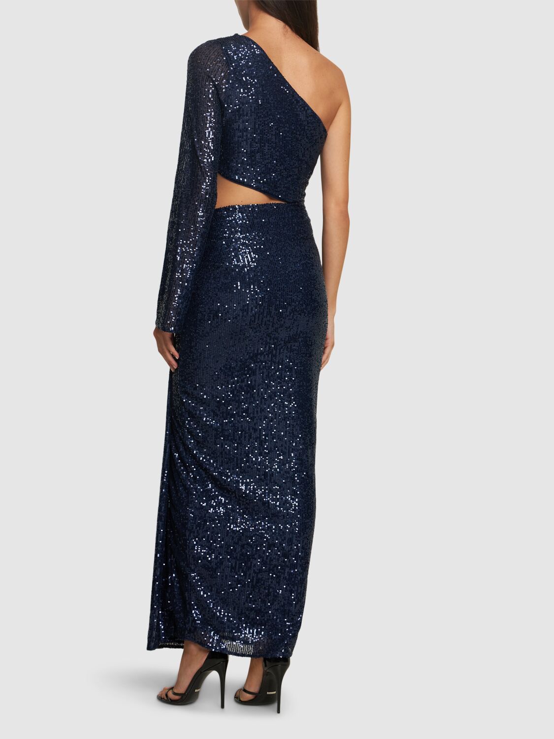 Shop Baobab Midnights Sequined One Sleeve Maxi Dress In Blue