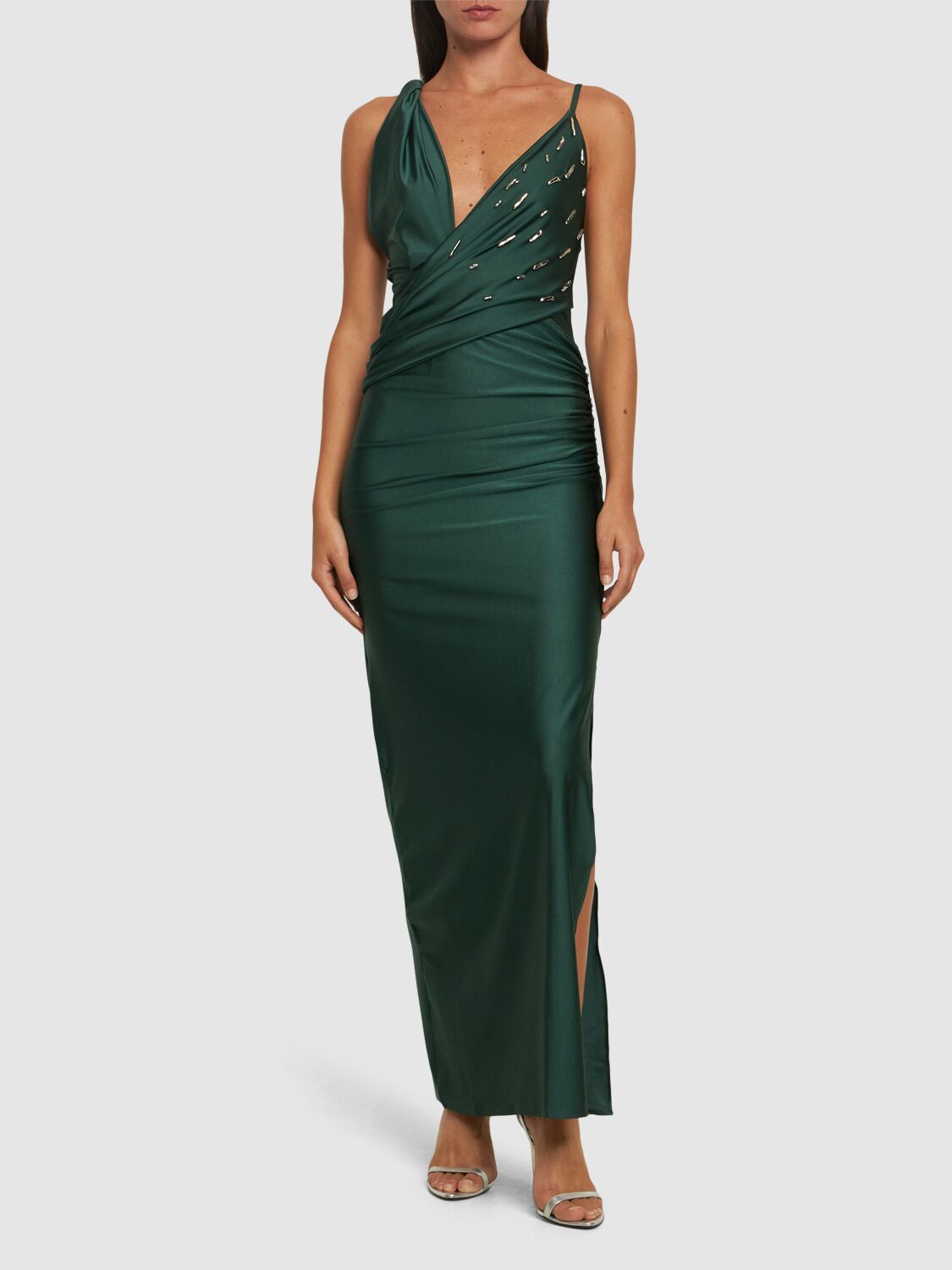 Shop Baobab Lia Embellished One Shoulder Maxi Dress In Green