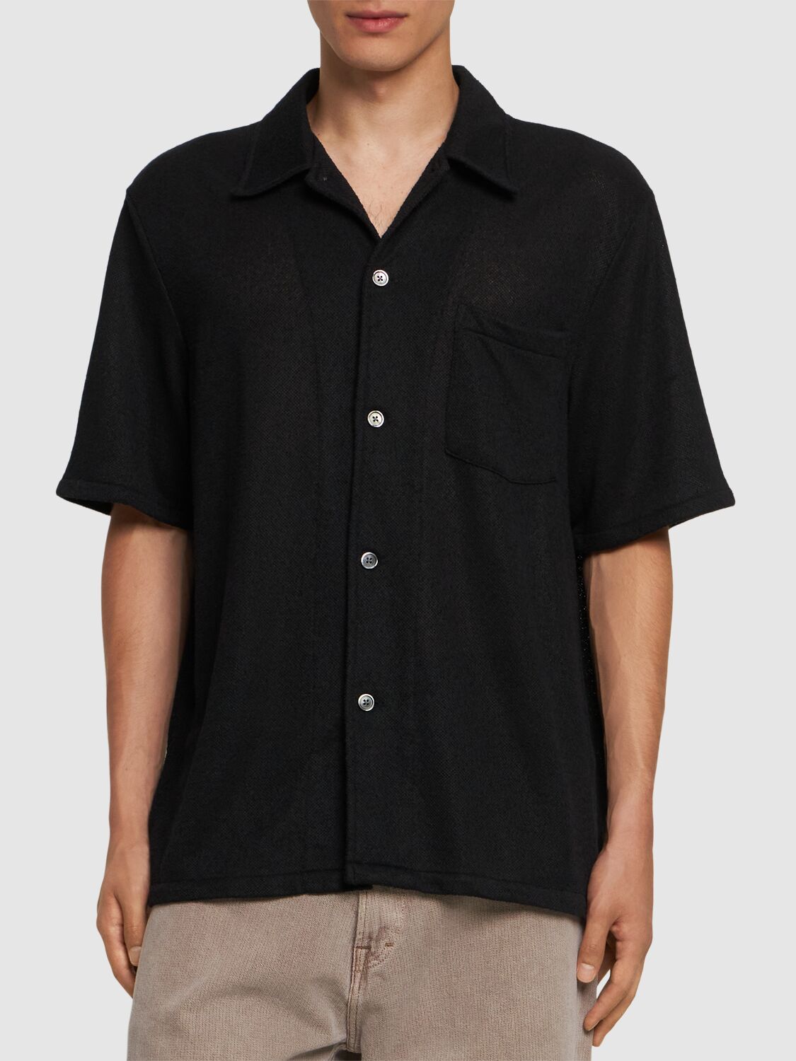 Shop Our Legacy Boxy Bouclé Short Sleeve Shirt In Black