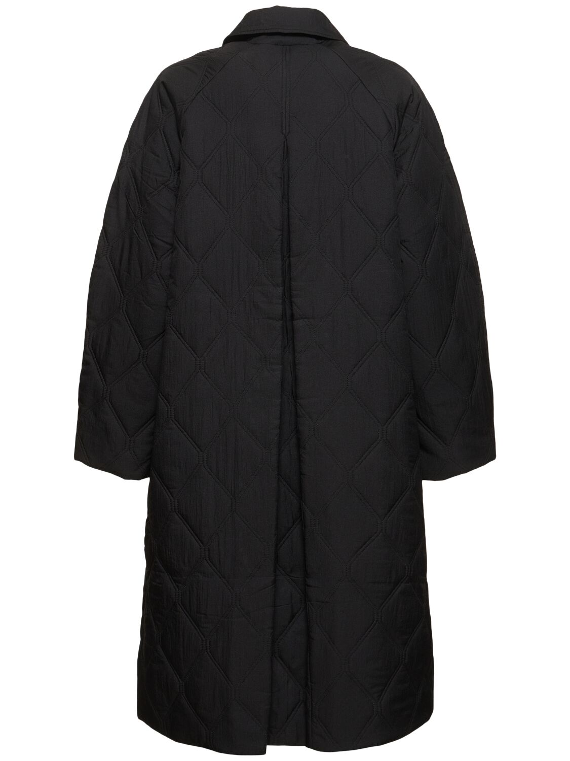 Shop Ganni Quilted Raglan Midi Coat In Black