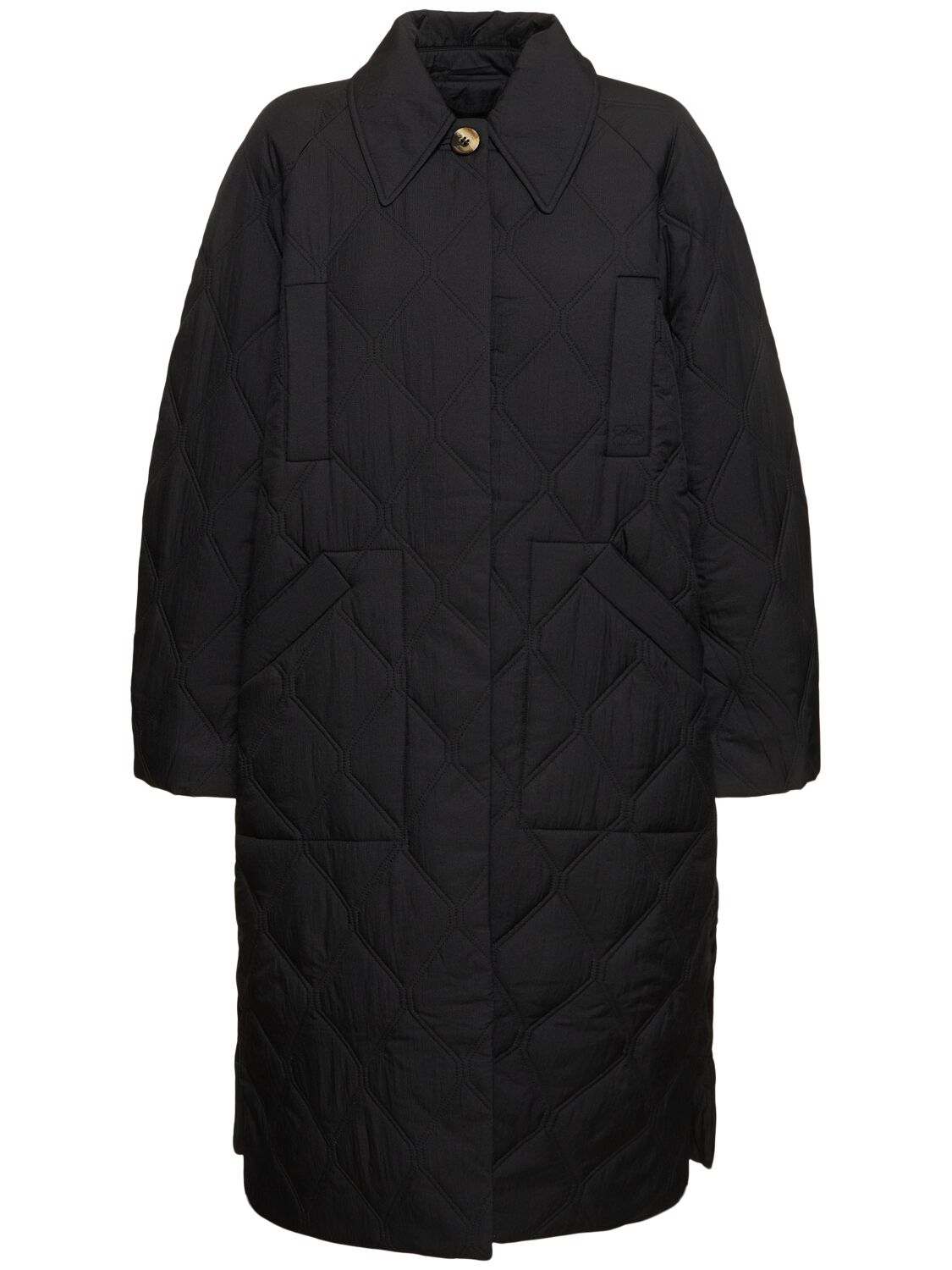 Shop Ganni Quilted Raglan Midi Coat In Black