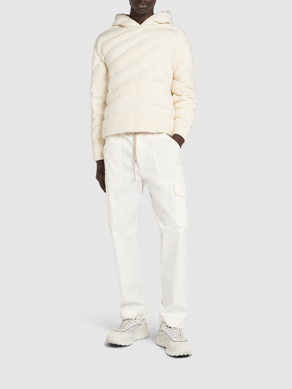 Shop Moncler Virgin Wool Down Sweatshirt In Silk White