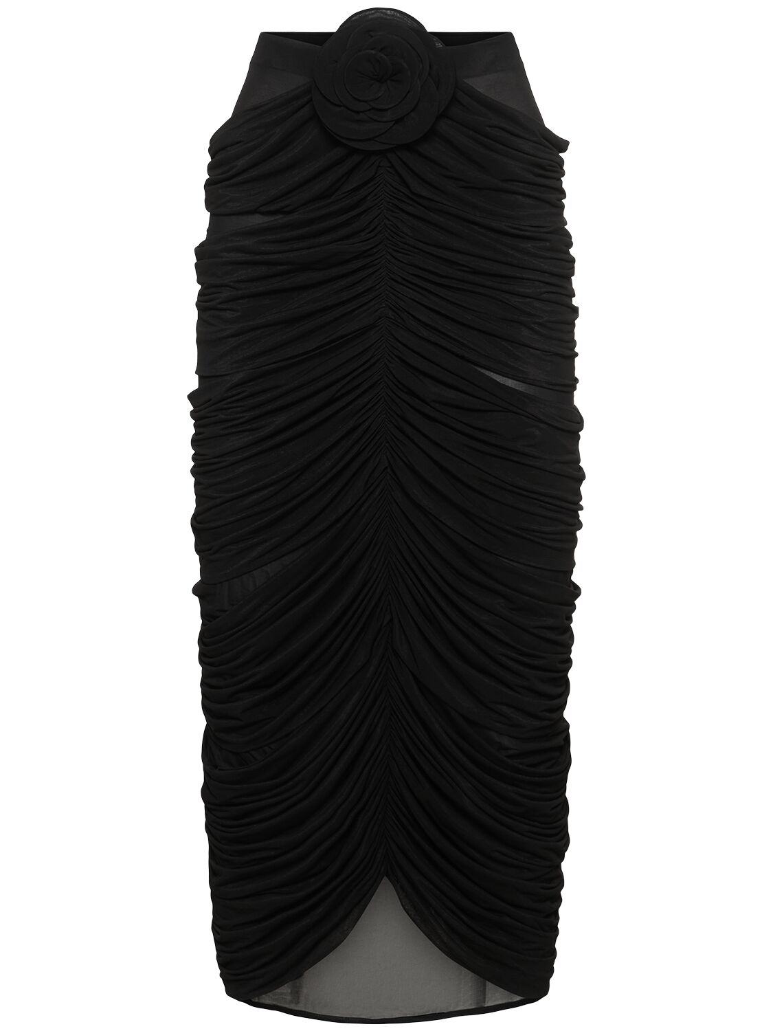 Magda Butrym Draped Jersey Midi Skirt W/ Rose In Black