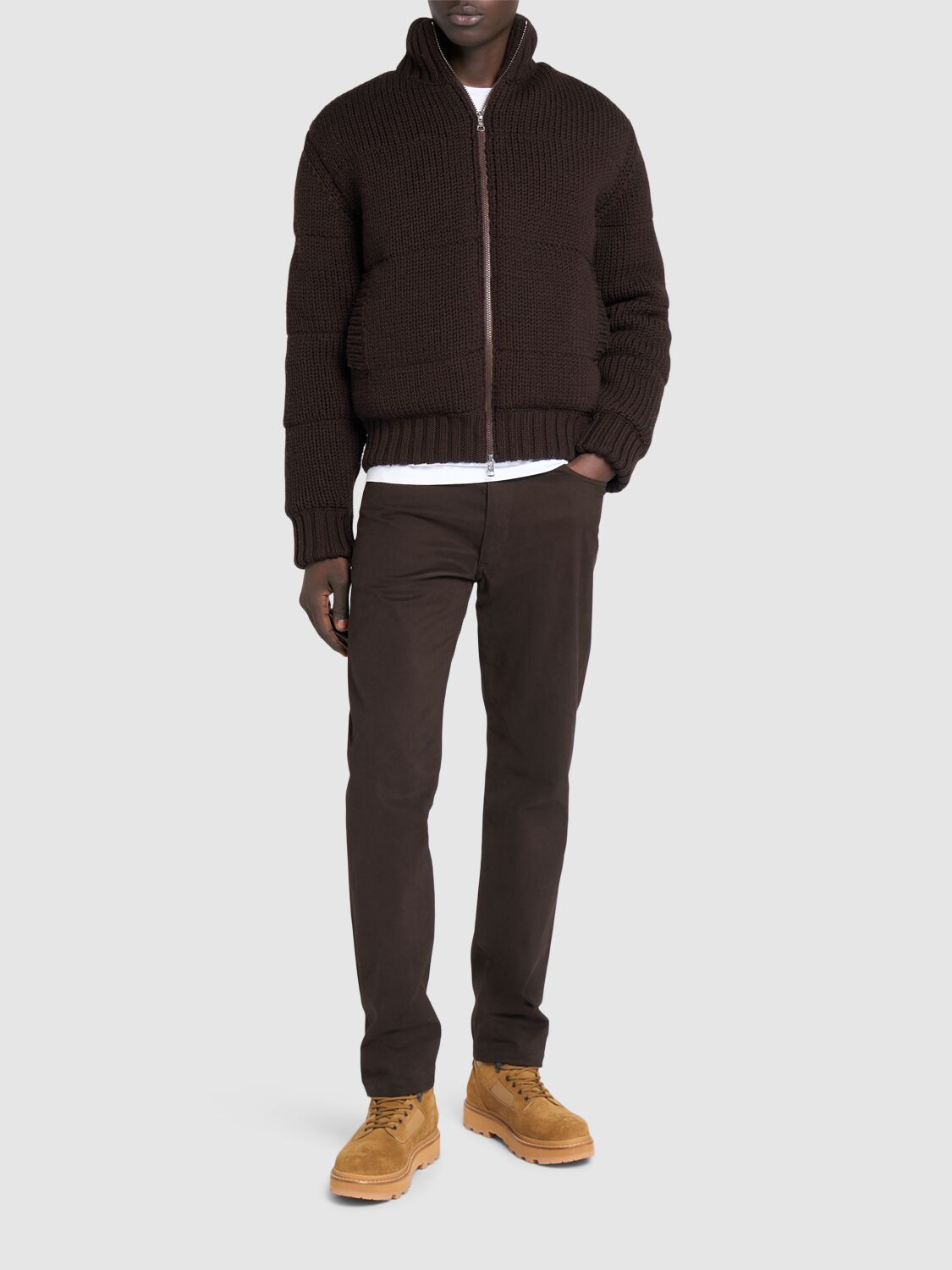 Shop Moncler Tricot Virgin Wool Blend Zip-up Cardigan In Brown