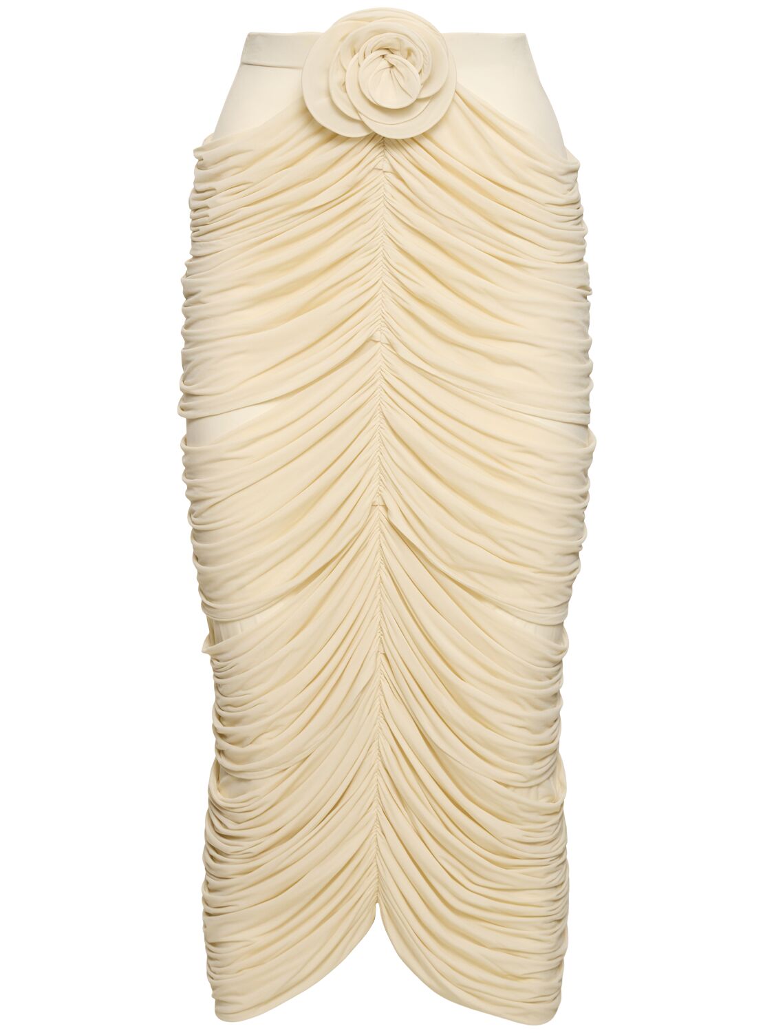 Shop Magda Butrym Draped Jersey Midi Skirt W/ Rose In Beige