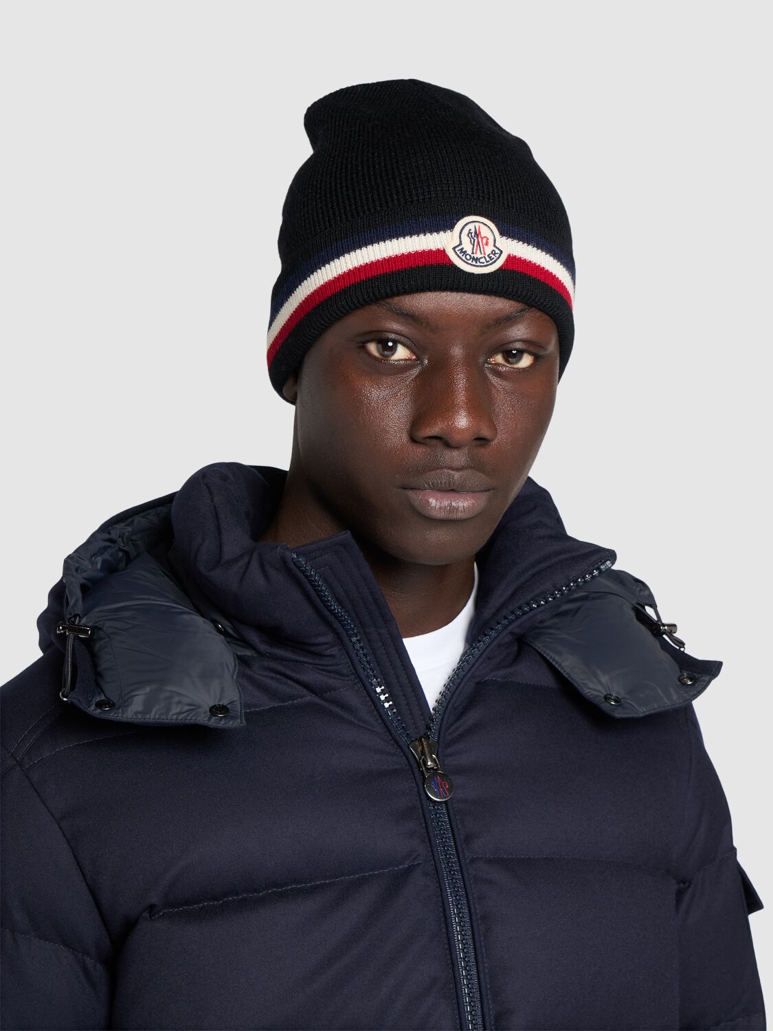 Shop Moncler Tricolor Virgin Wool Beanie In Black