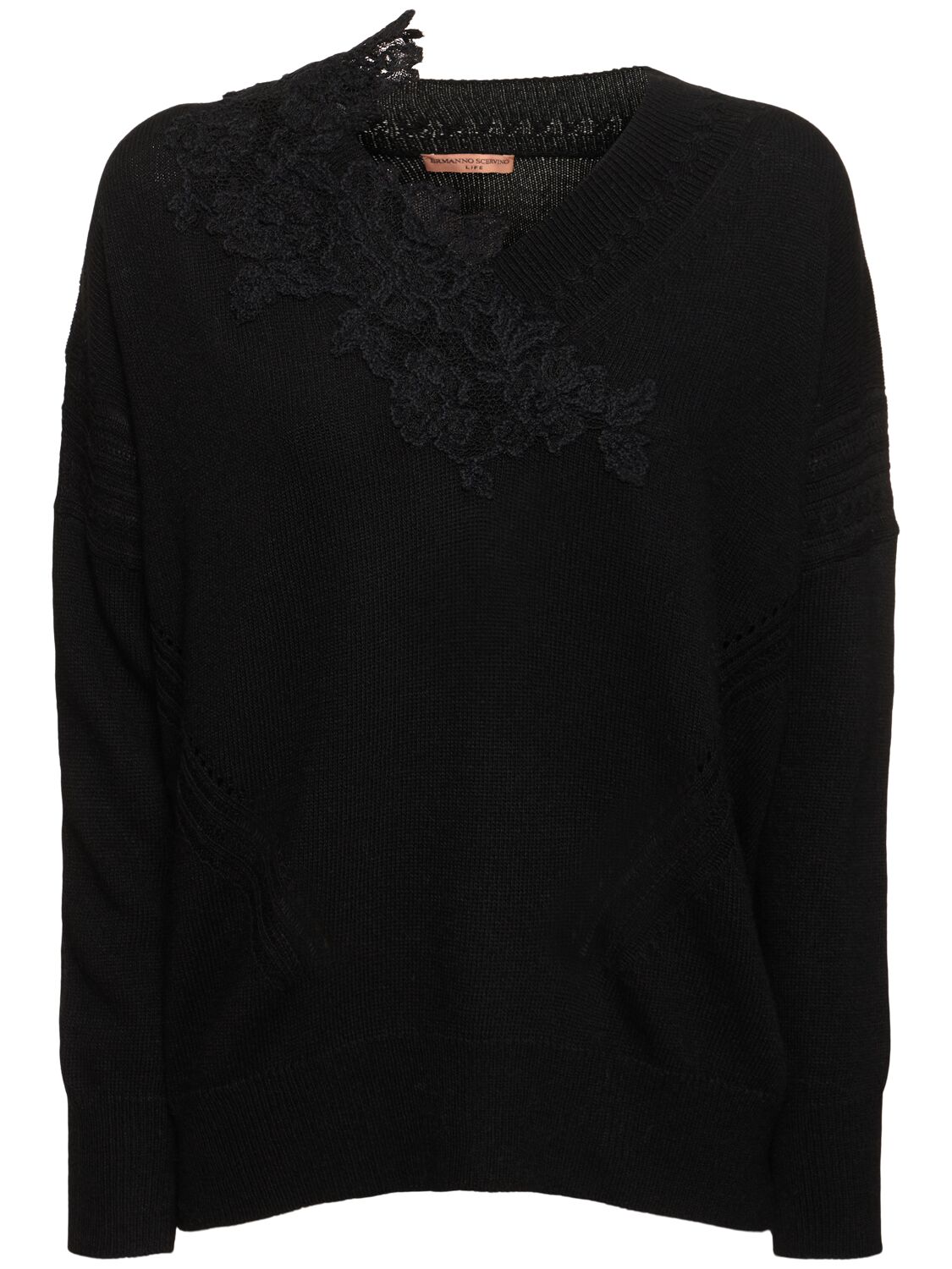 Ermanno Scervino Embroidered Knit V-neck Sweater In Black