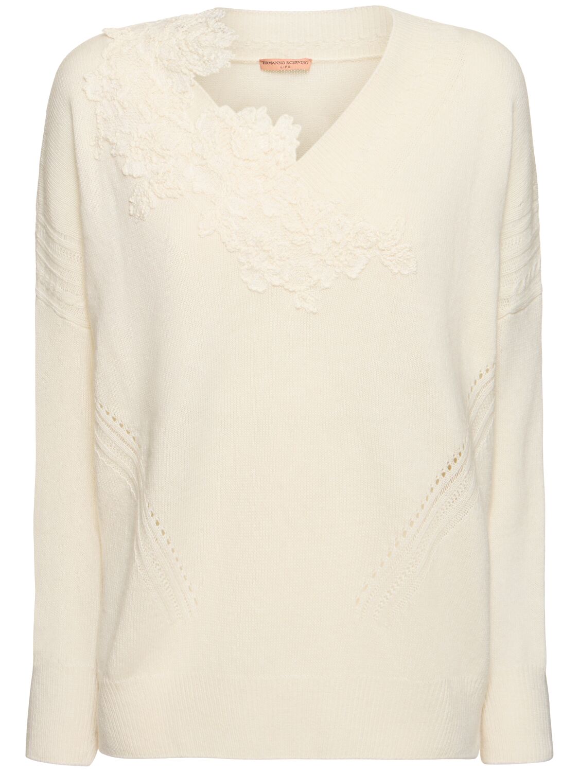 Ermanno Scervino Embroidered Knit V-neck Sweater In White