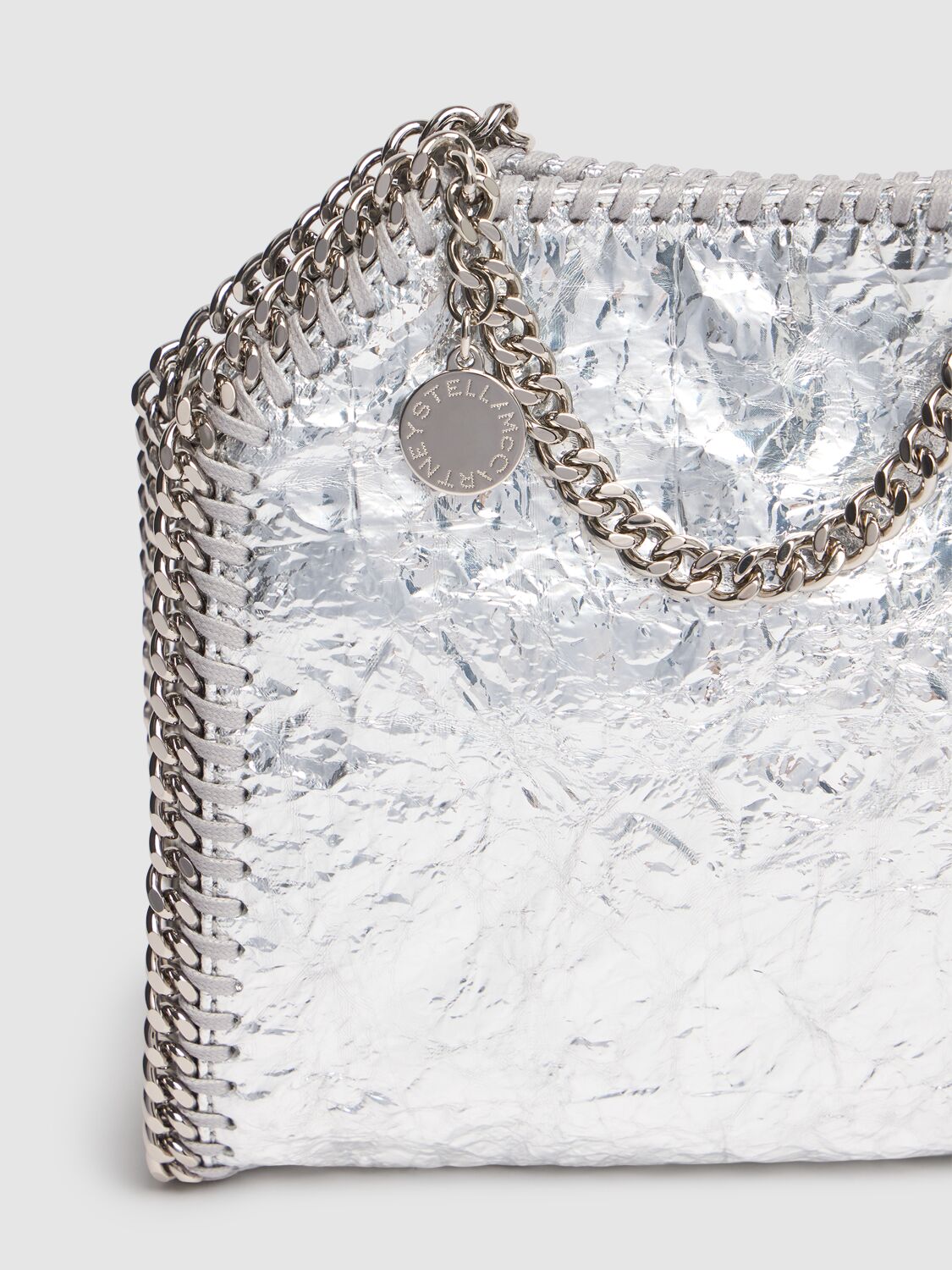 Shop Stella Mccartney Tiny Falabella Crackled Metallic Bag In Silver