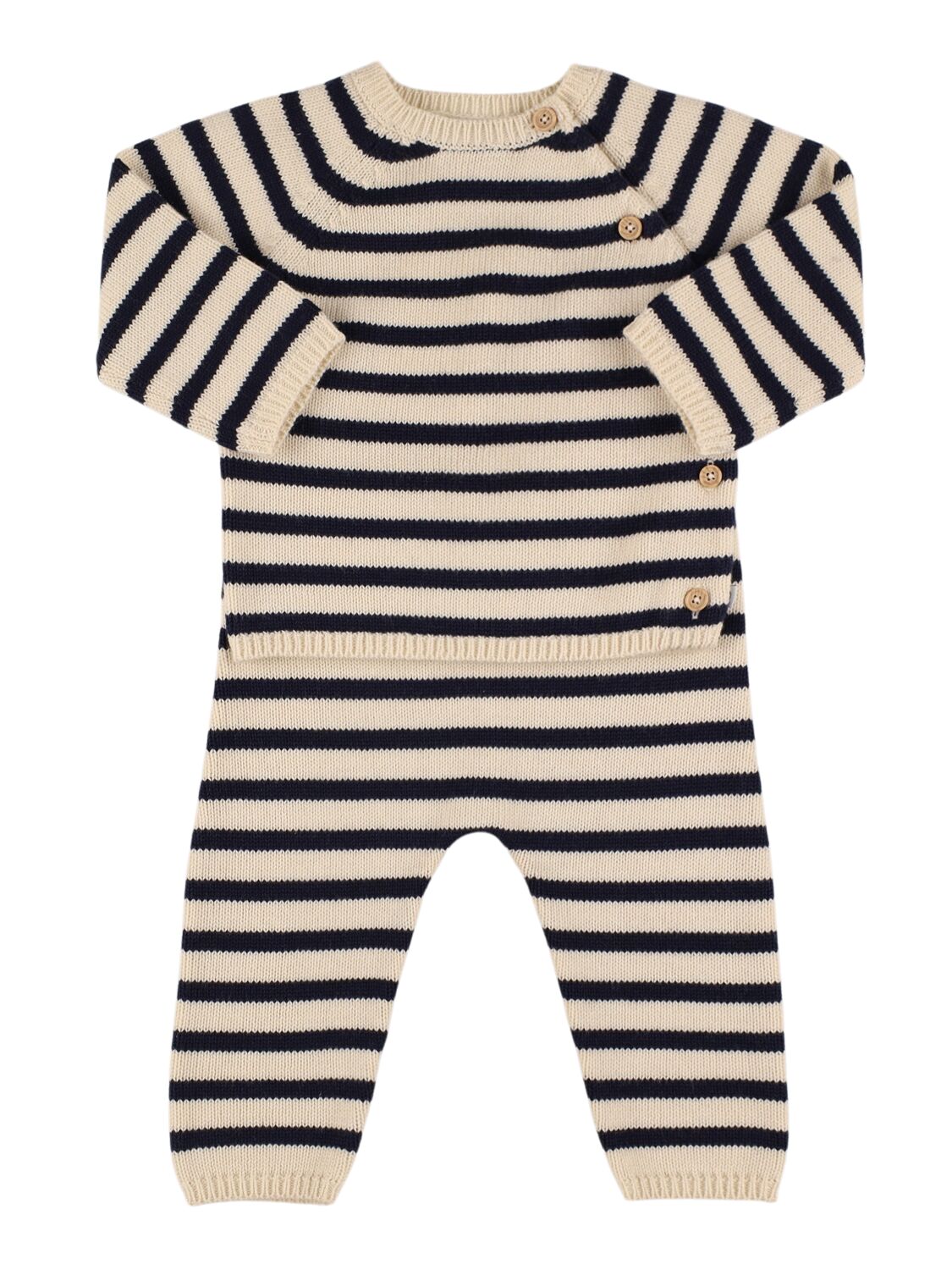 Petit Bateau Babies' Cotton Blend Knit Sweater & Pants In 米黄色/蓝色