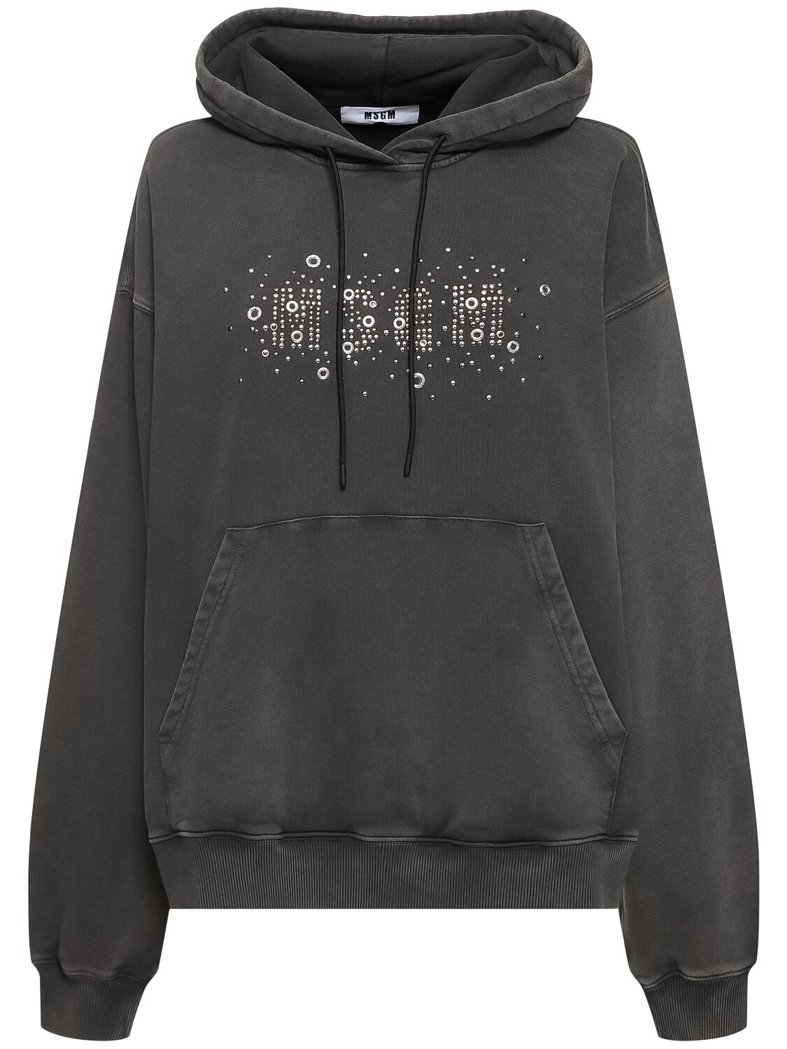 Shop Msgm Embellished Cotton Jersey Logo Hoodie In Black