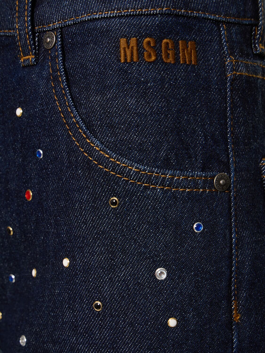 Shop Msgm Embellished Denim Low Waist Wide Jeans In Dark Blue