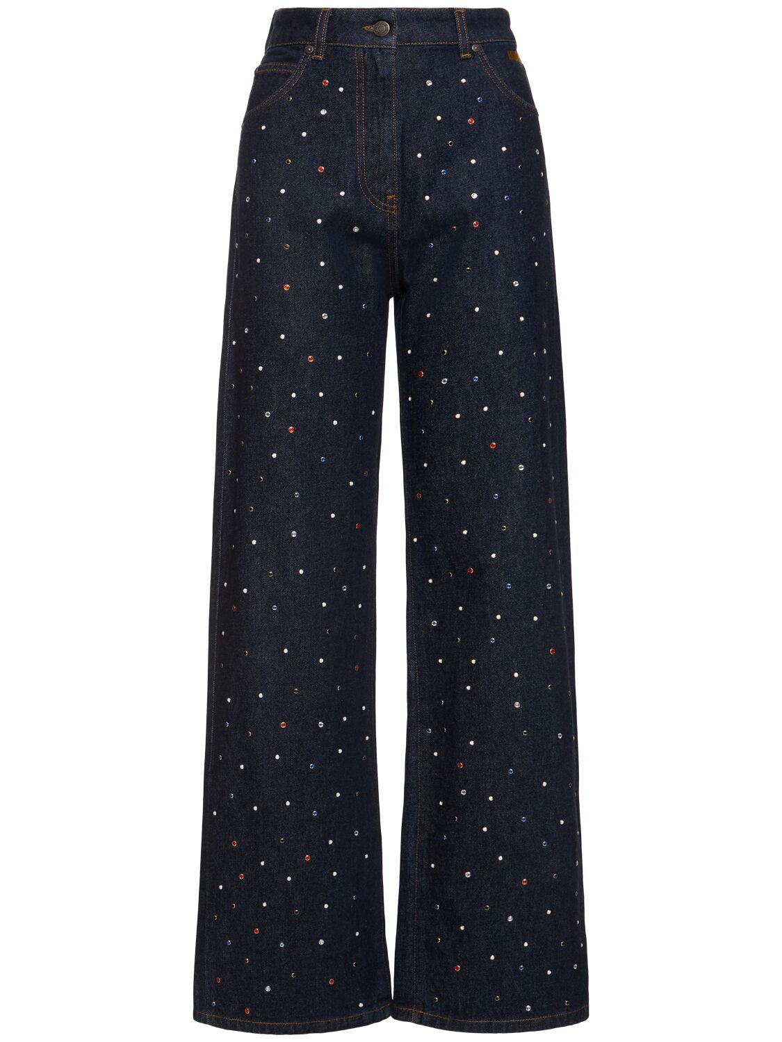 Shop Msgm Embellished Denim Low Waist Wide Jeans In Dark Blue