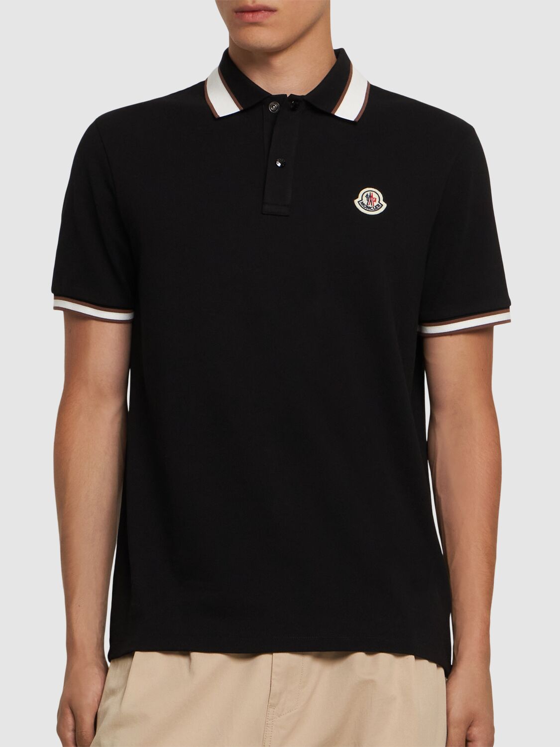 Shop Moncler Logo Cotton Piquet Polo Shirt In Black