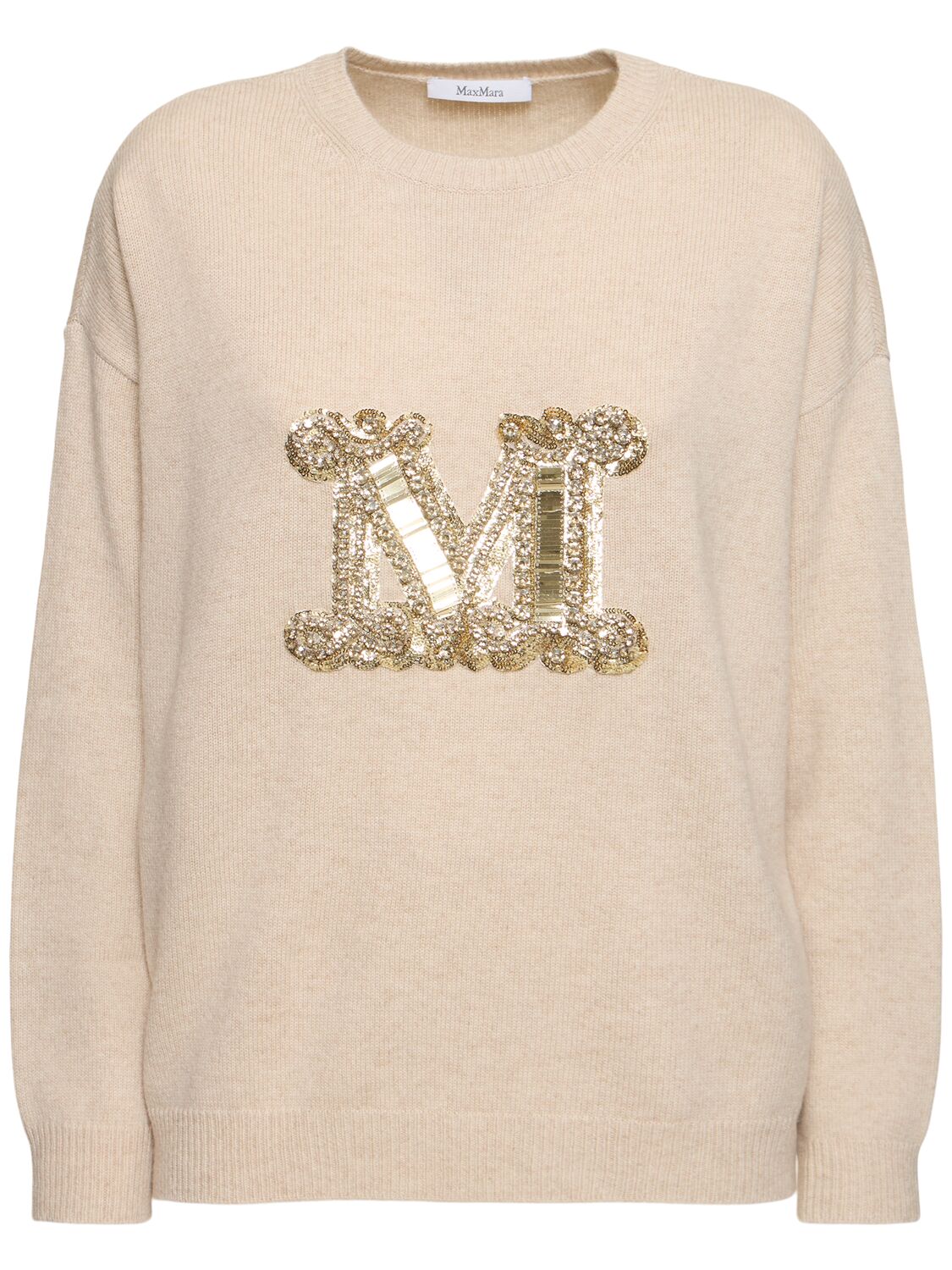 Shop Max Mara Vicolo Wool Knit Logo Sweater In Beige