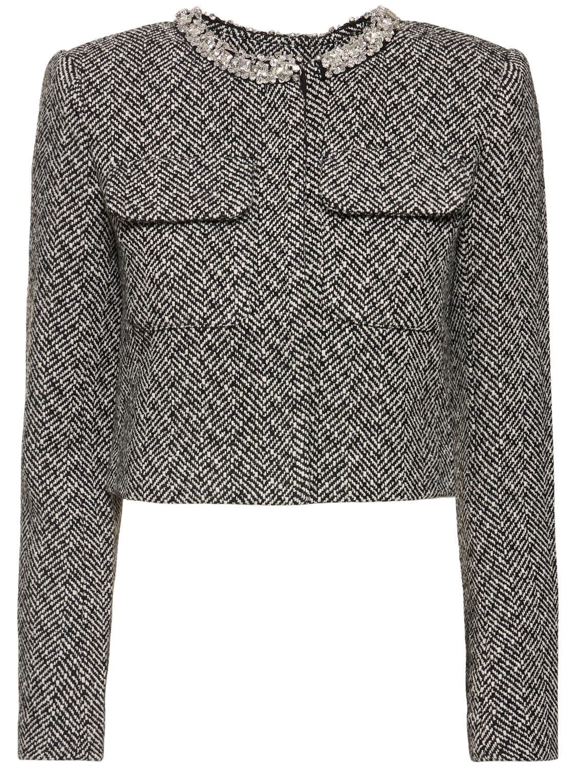 Shop Self-portrait Embellished Herringbone Jacket In Black/white