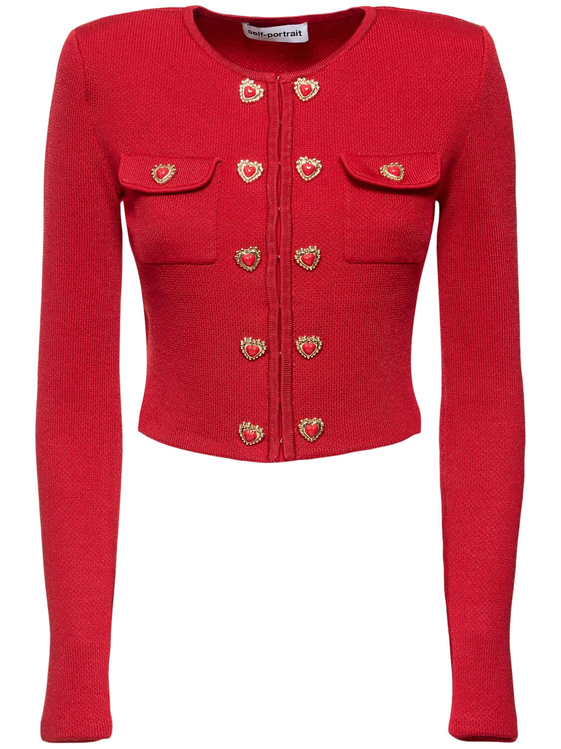 Shop Self-portrait Heart Buttoned Knit Ardigan In Red