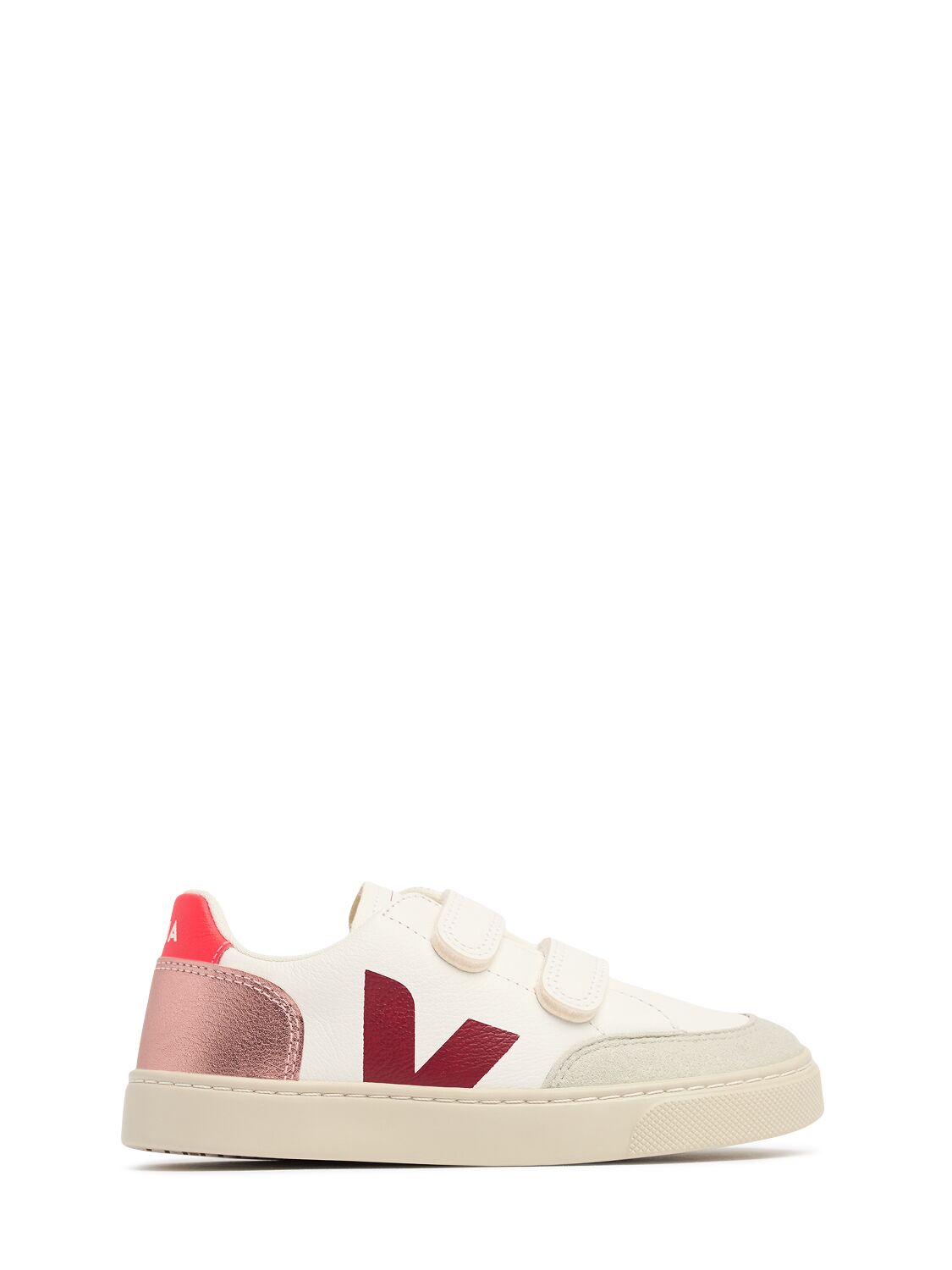 Veja V-12 Chrome-free Leather Sneakers In White/red