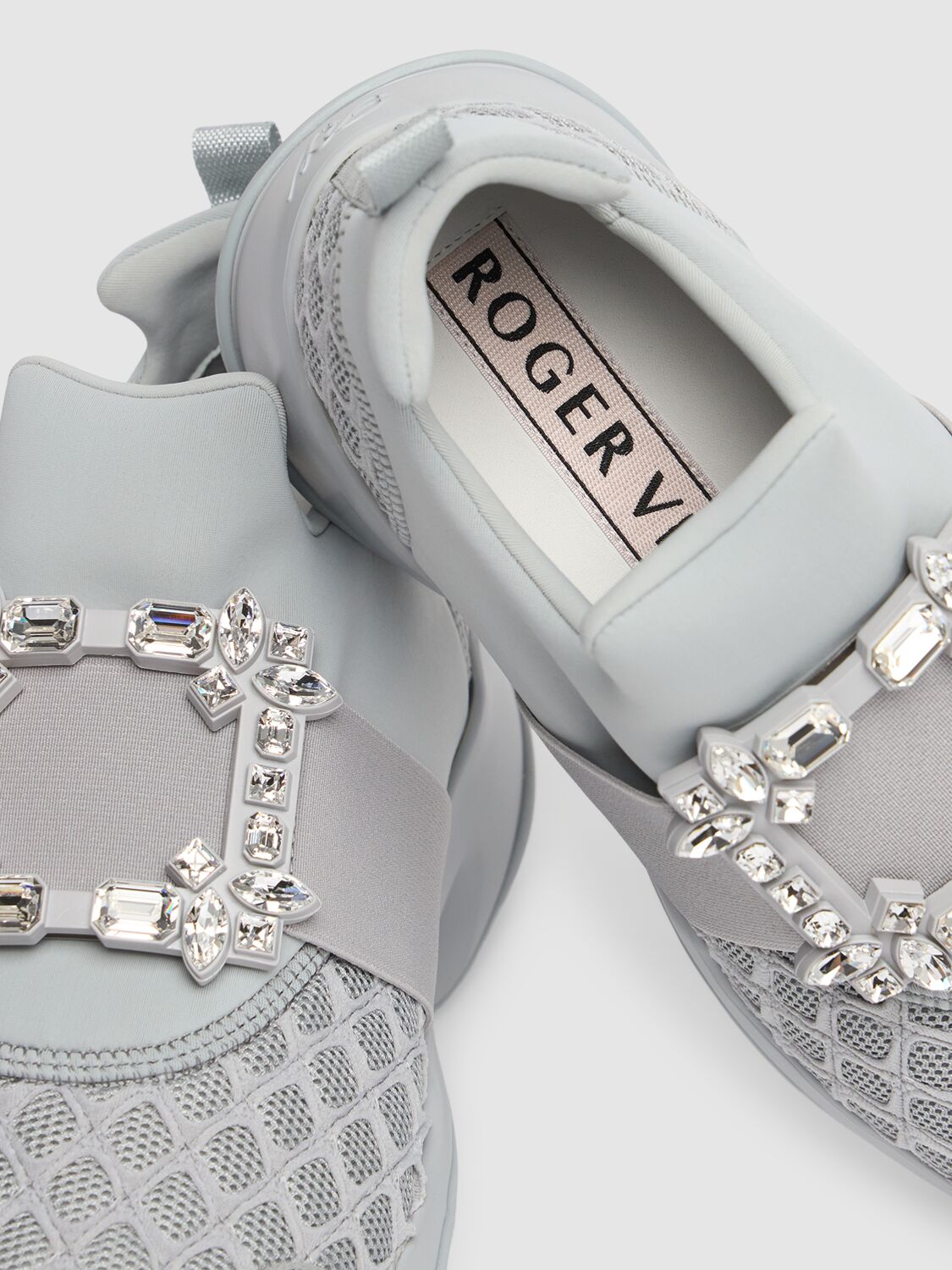 Shop Roger Vivier Viv Run Cotton & Mesh Sneakers In Cemento/platino