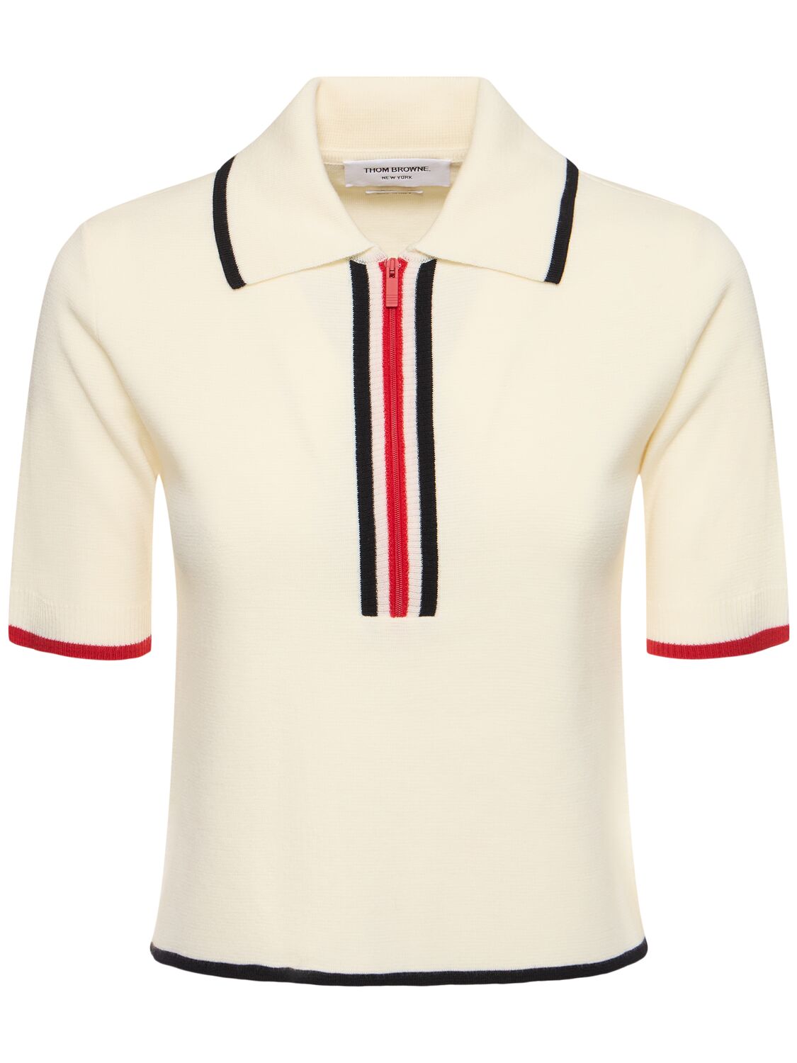 Shop Thom Browne Milano Stitch S/s Zip-up Wool Polo Top In White