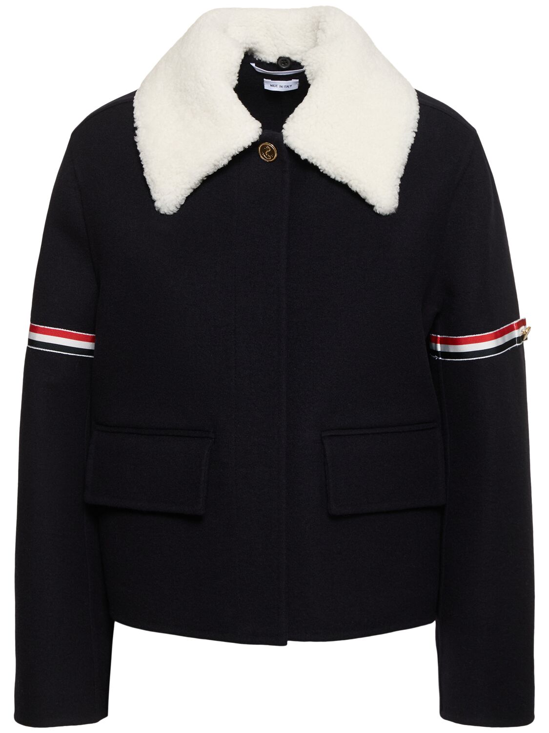 Thom Browne Boiled Wool Jacket W/shearling Collar In Navy/multi