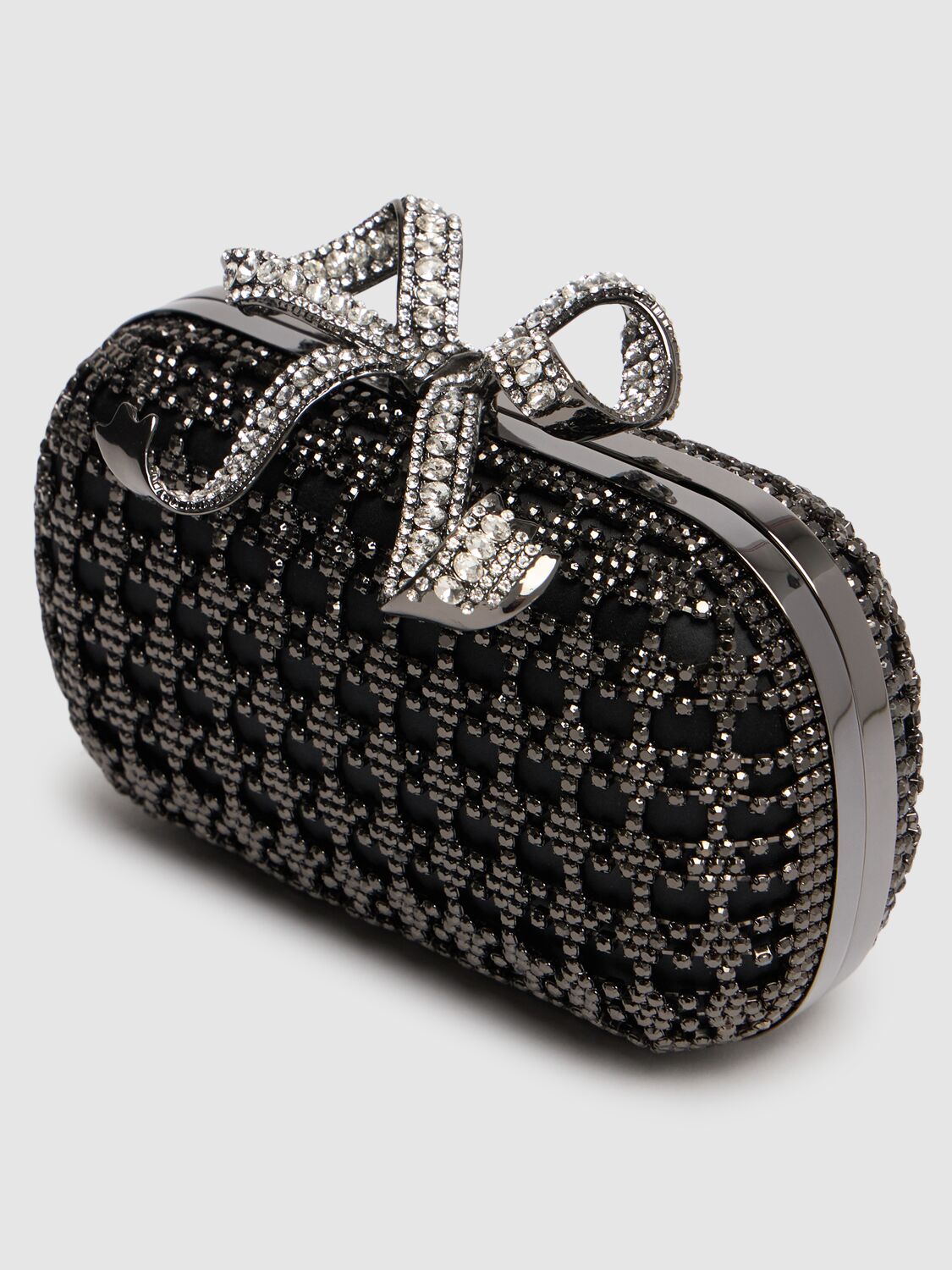 Shop Self-portrait Chainmail Crystal Bow Clutch In Black