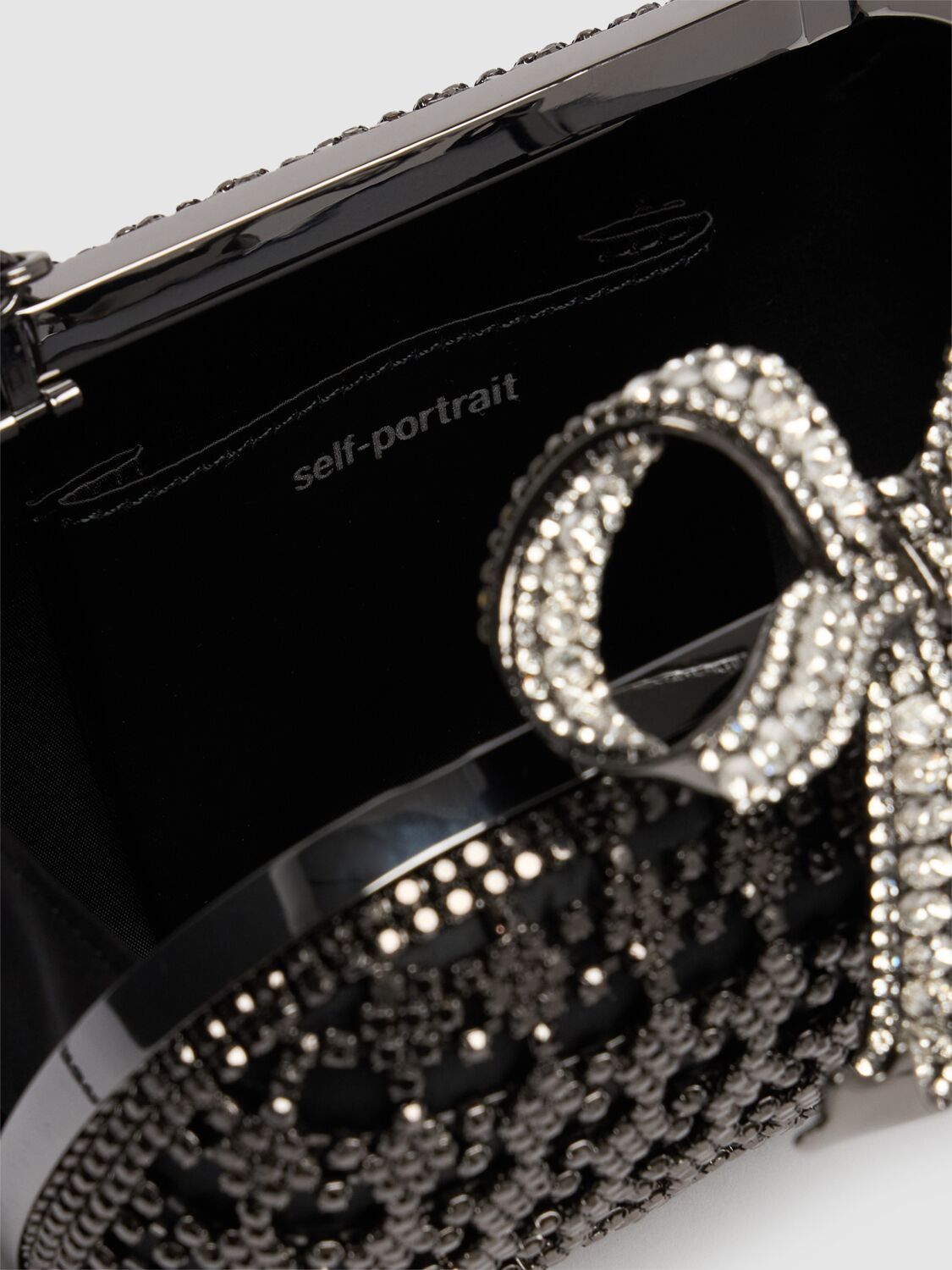 Shop Self-portrait Chainmail Crystal Bow Clutch In Black