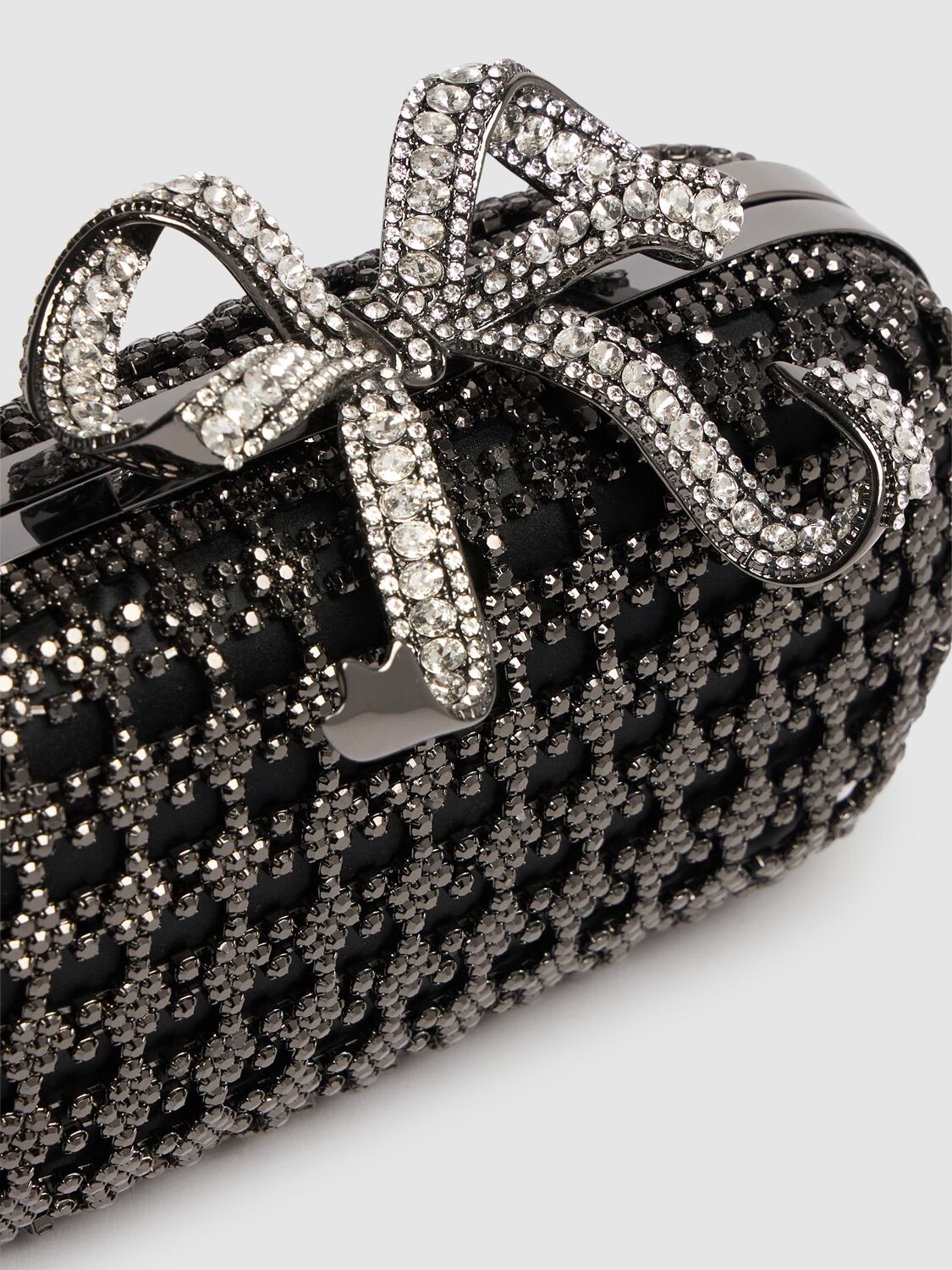 Shop Self-portrait Chainmail Crystal Bow Clutch In Black