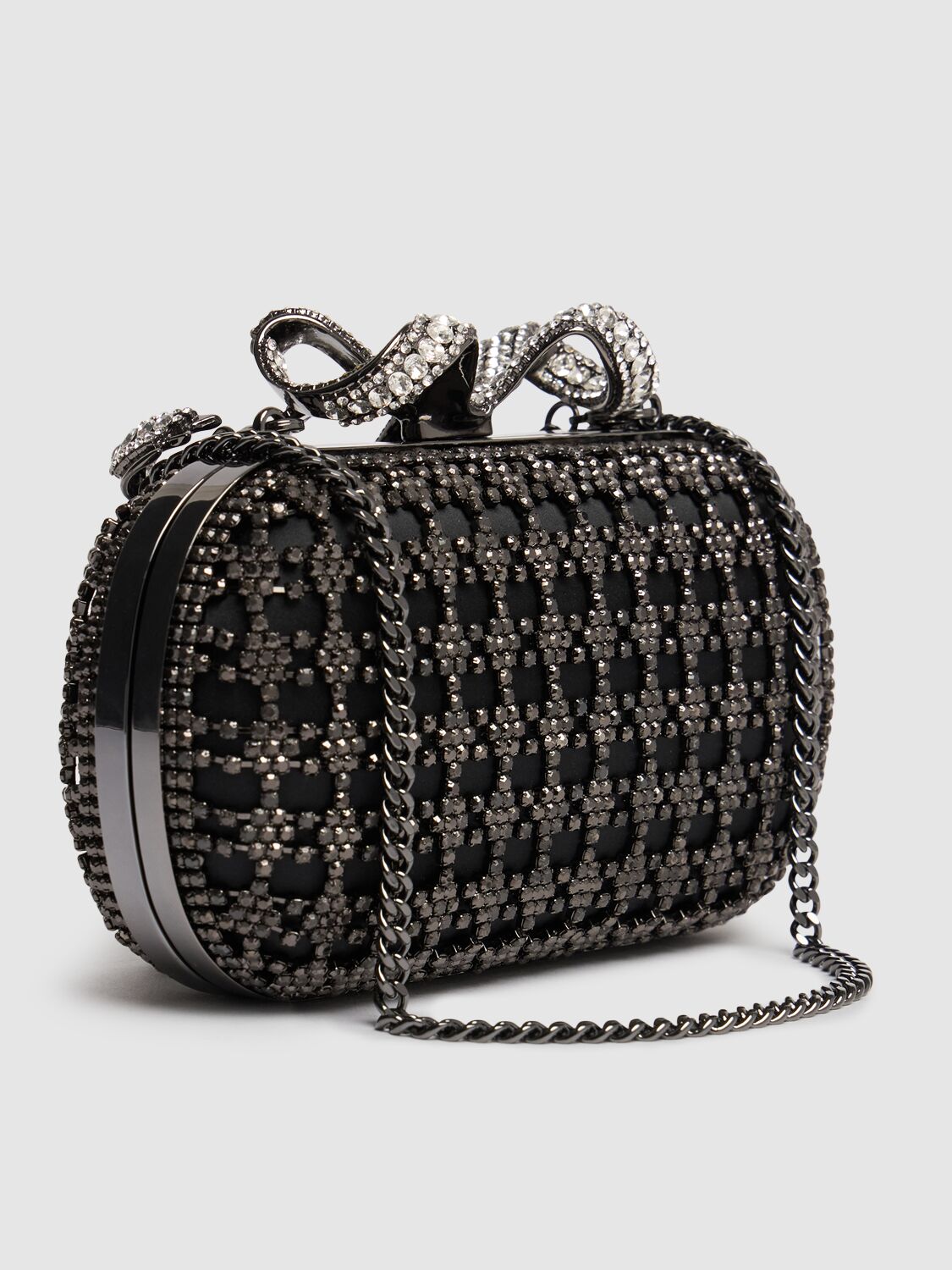 Shop Self-portrait Chainmail Crystal Bow Clutch In Black