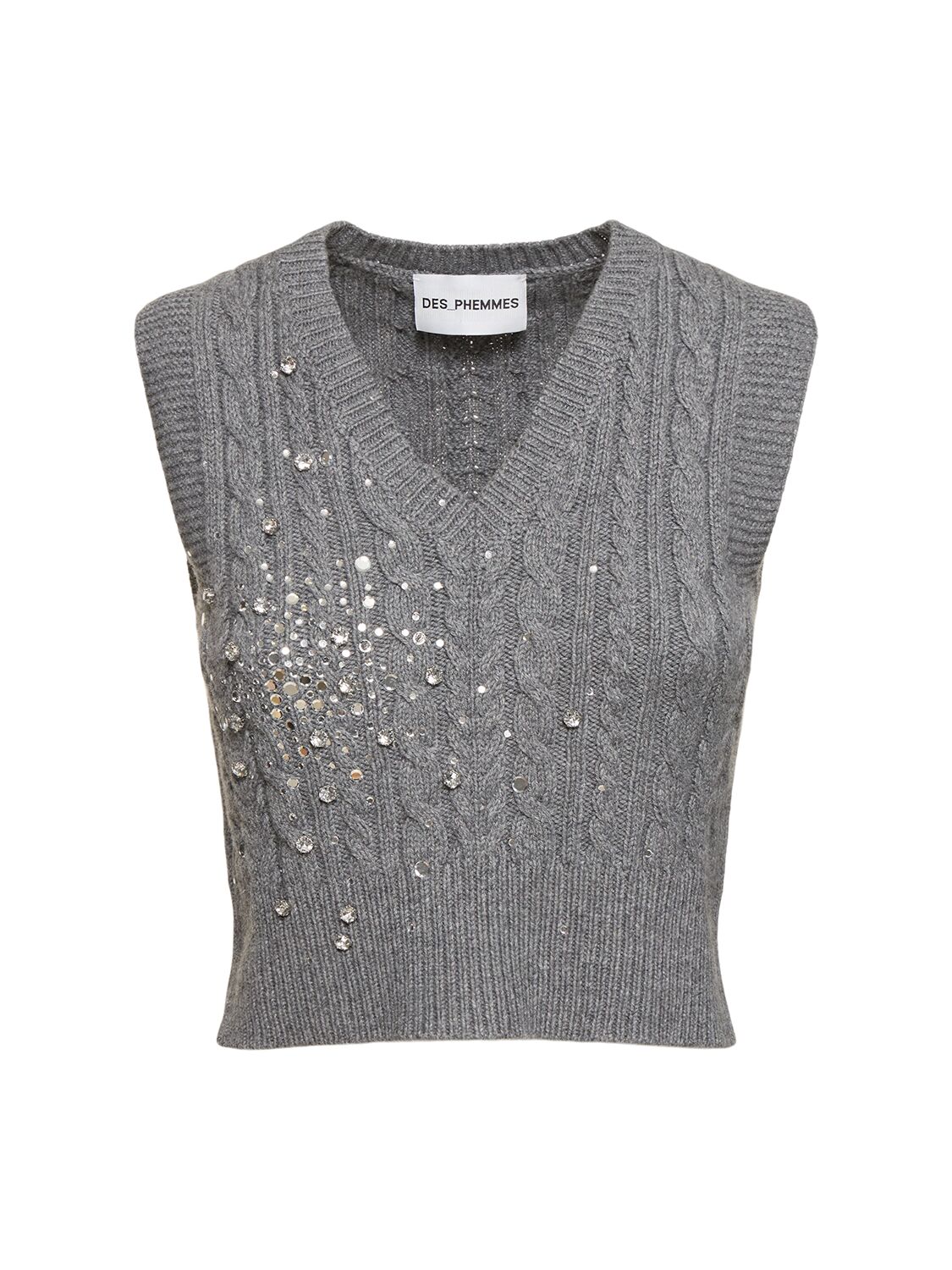 Des Phemmes Embellished Cropped Knit Vest In Gray