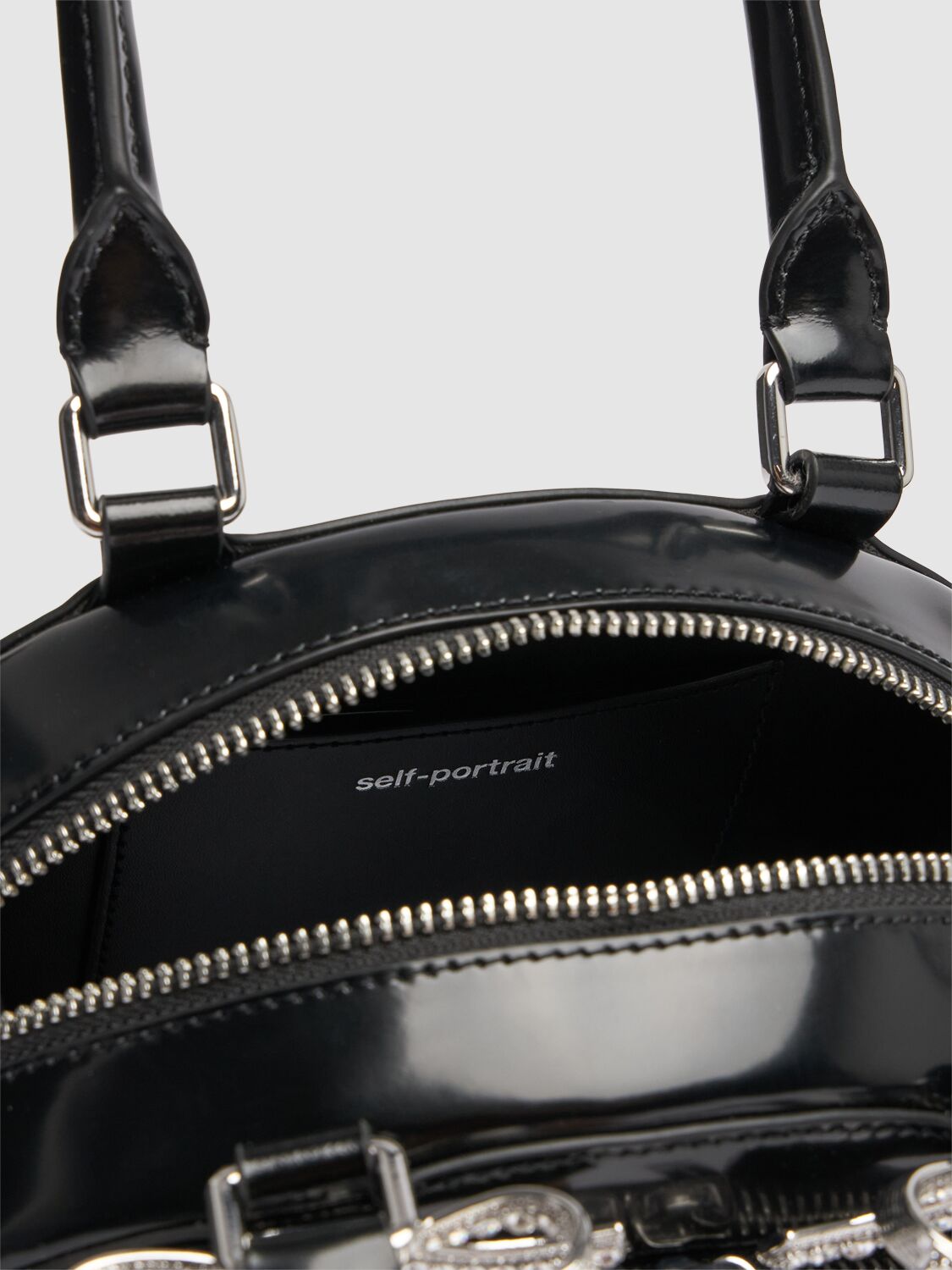 Shop Self-portrait Mini Leather Curved Top Handle Bag In Black