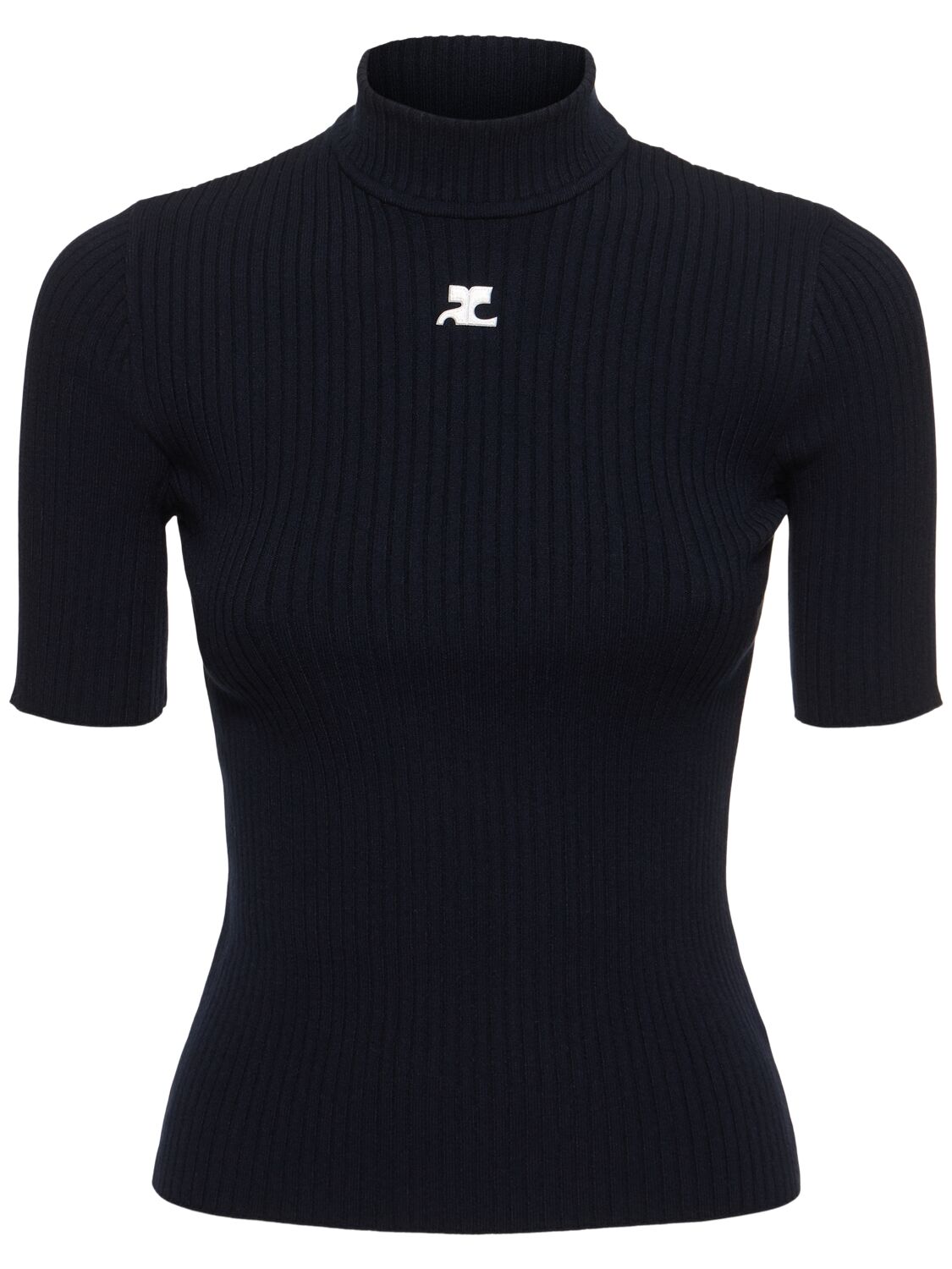 Courrèges Knit Viscose Blend Logo Top In Navy