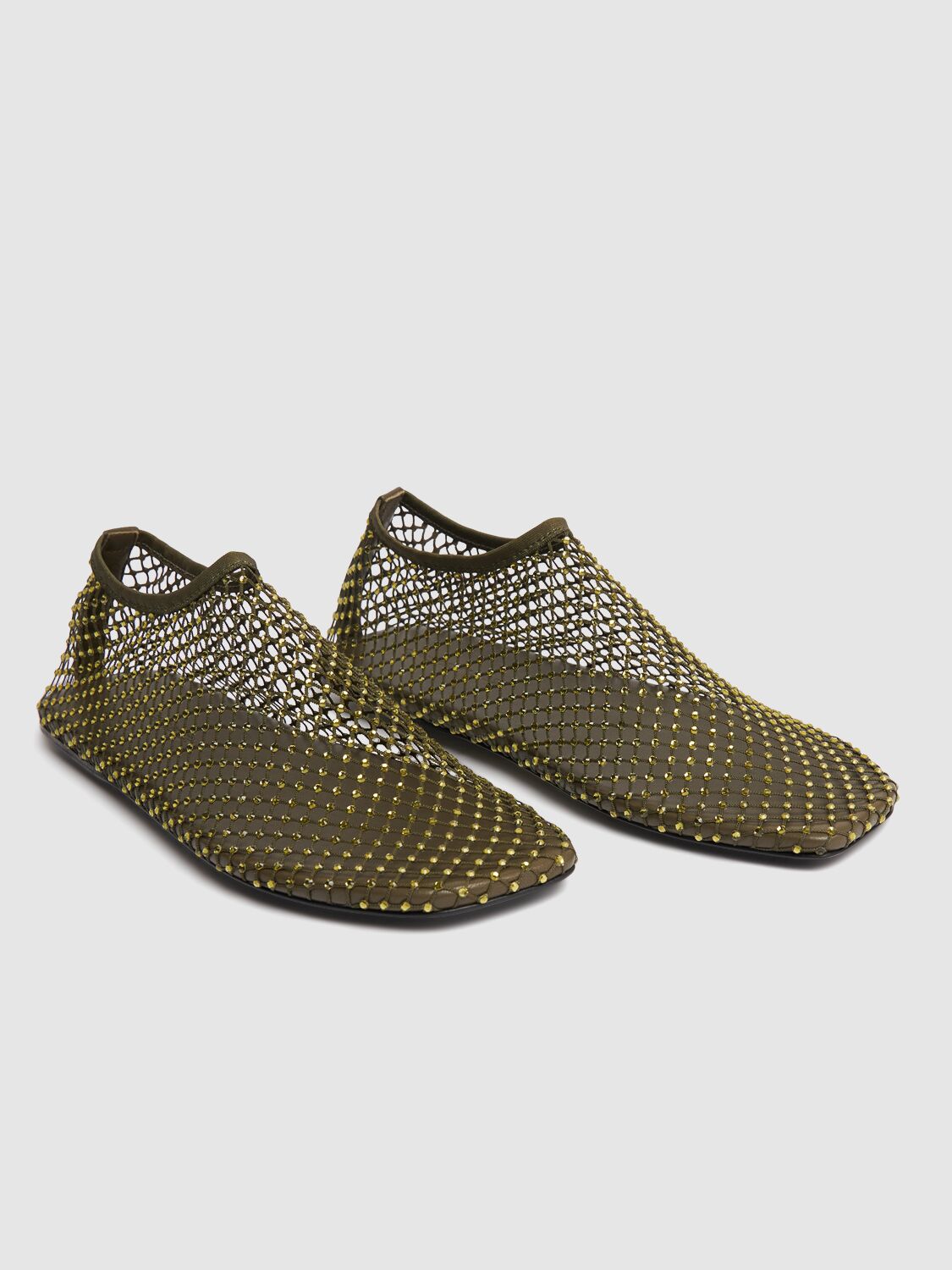 Shop Christopher Esber 5mm Minette Mesh & Crystal Flats In Olive Green