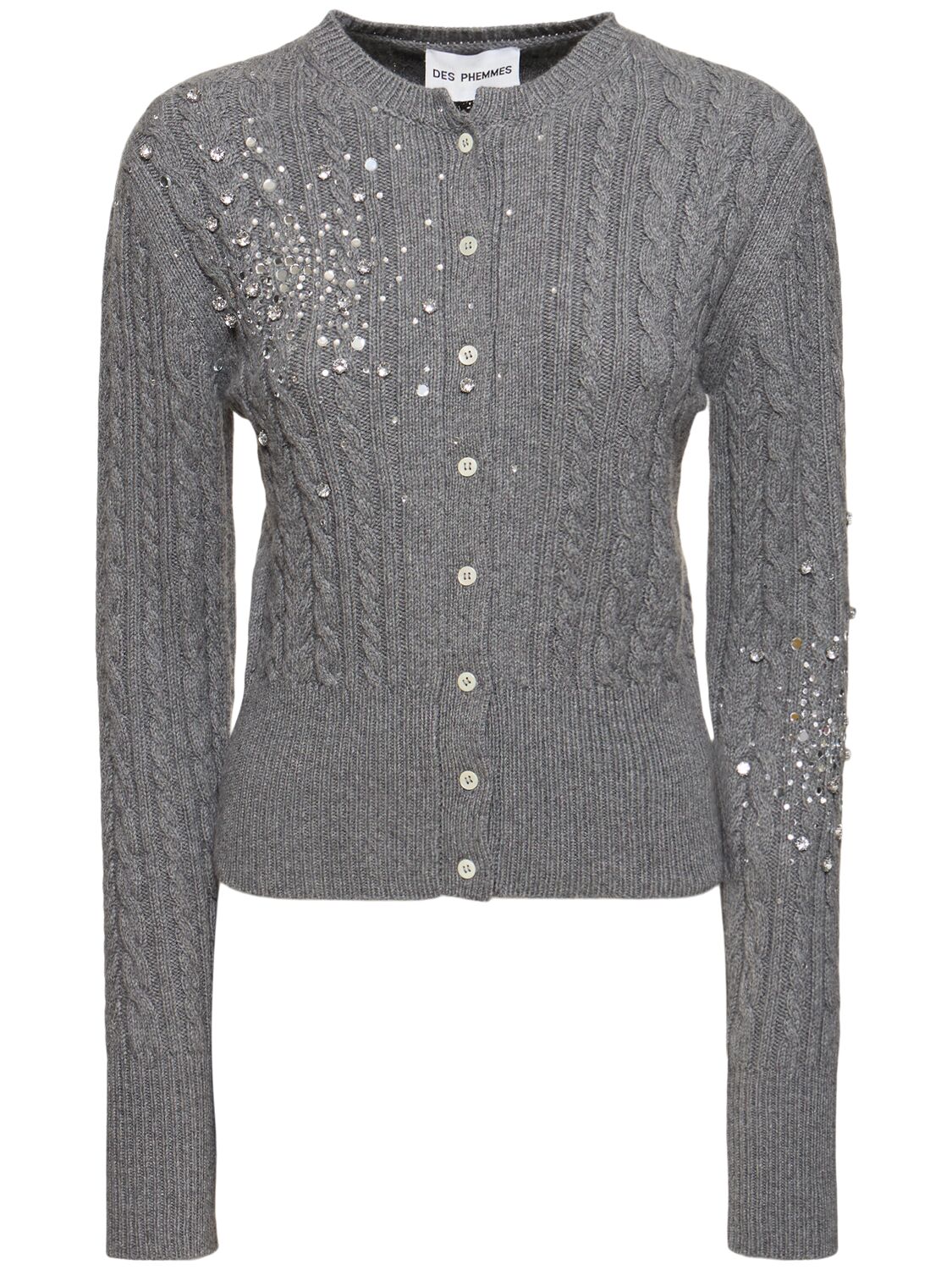 Shop Des Phemmes Embellished Cable Stitch Knit Cardigan In Grey