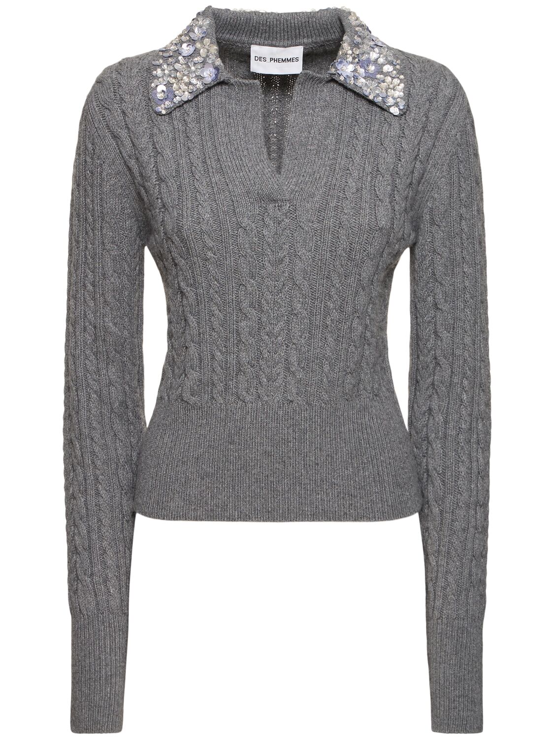 Shop Des Phemmes Embellished Cable Knit Polo Sweater In Grey