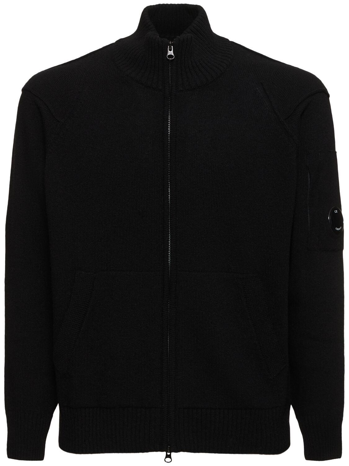 C.p. Company Lambswool Grs Zipped Cardigan In Black