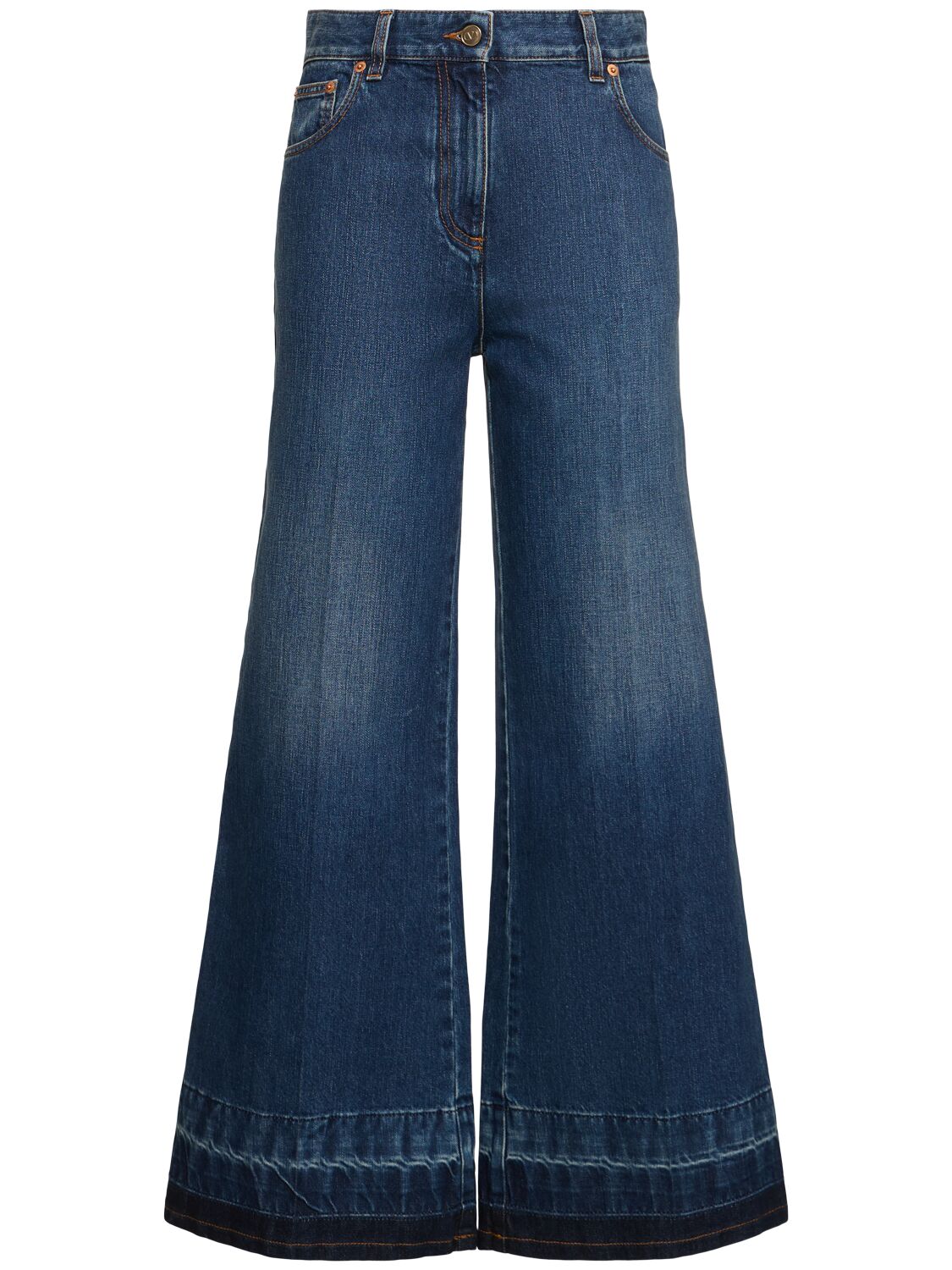 Shop Valentino Denim Flared High Rise Cropped Jeans In Blue