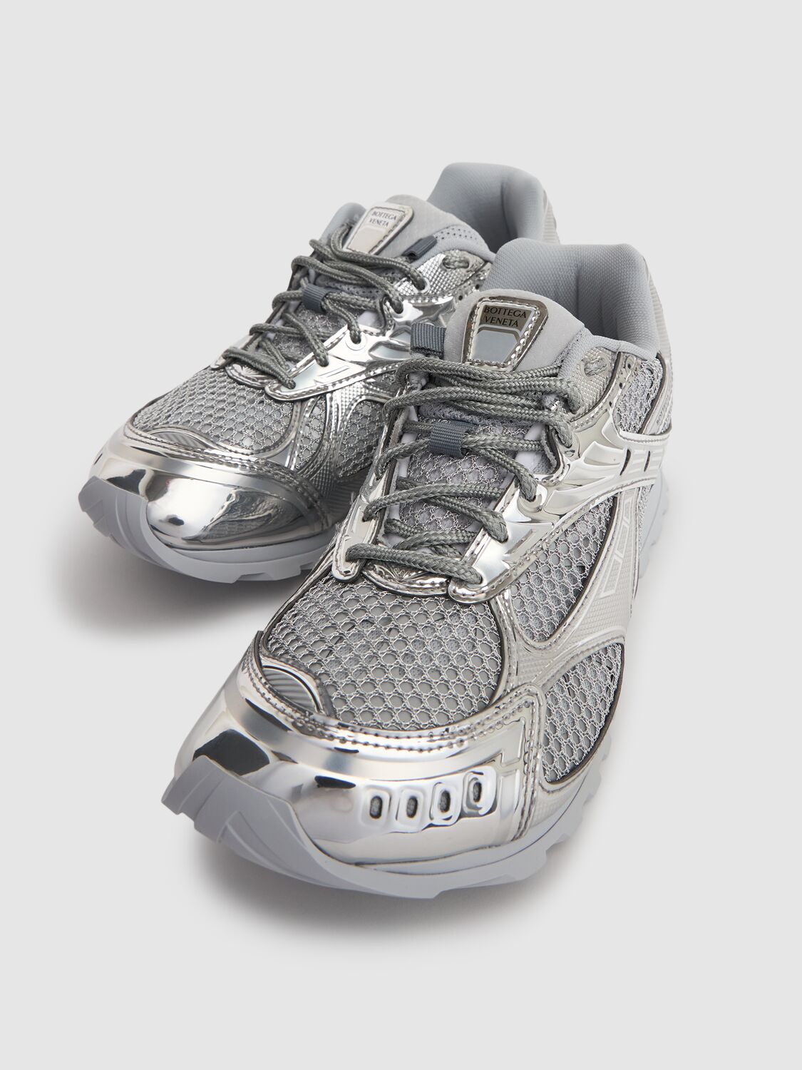 Shop Bottega Veneta Orbit Tech & Metallic Mesh Sneakers In Silver