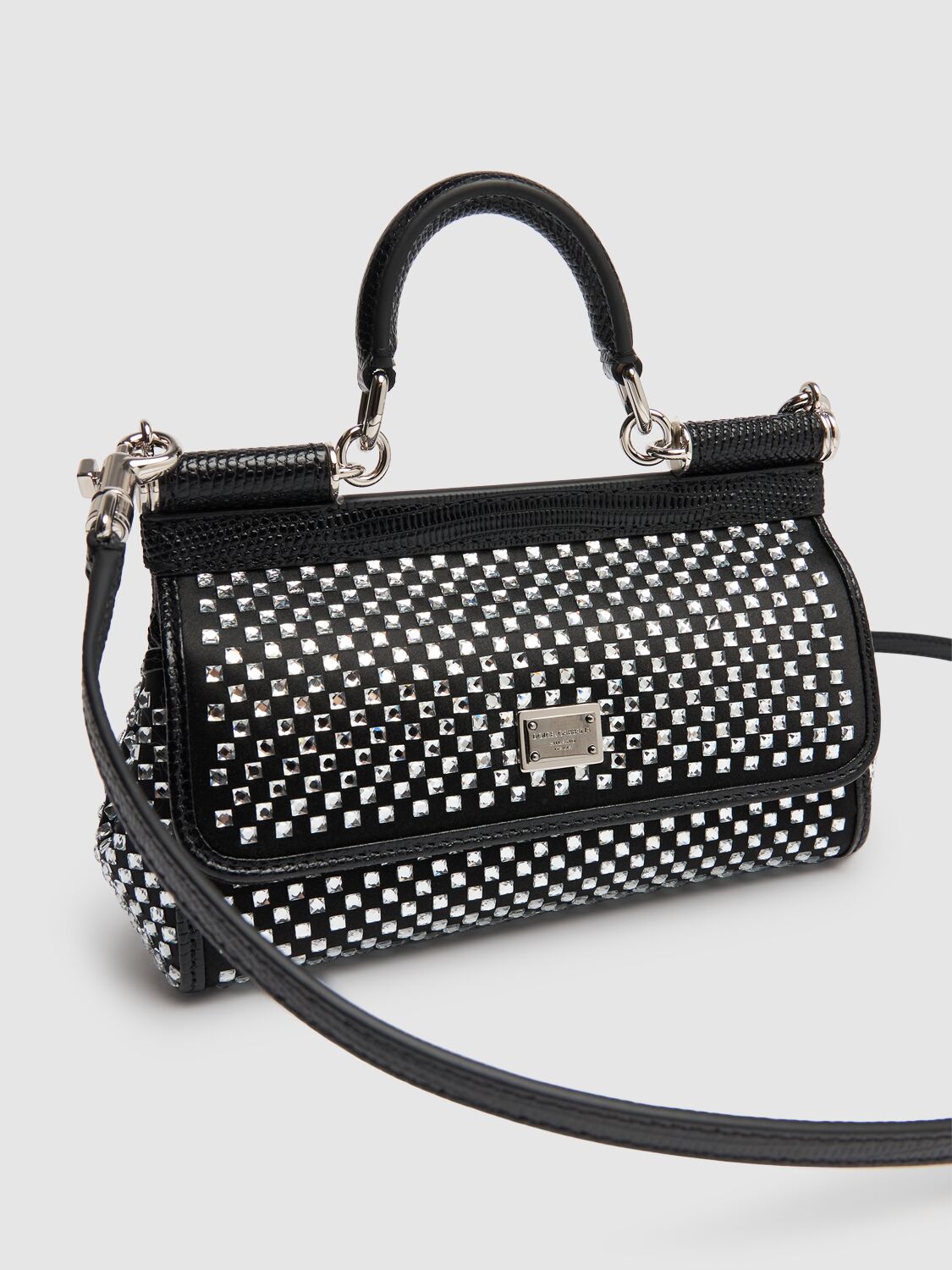 Shop Dolce & Gabbana Small Sicily Elongated Crystals Bag In Black/crystals