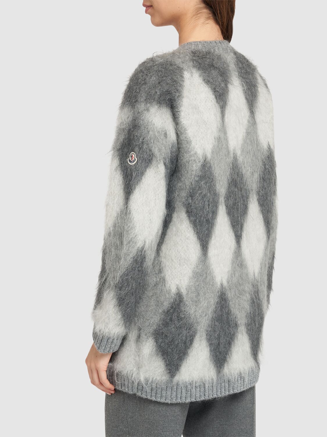 Shop Moncler Mohair Blend Cardigan In Grey/multi