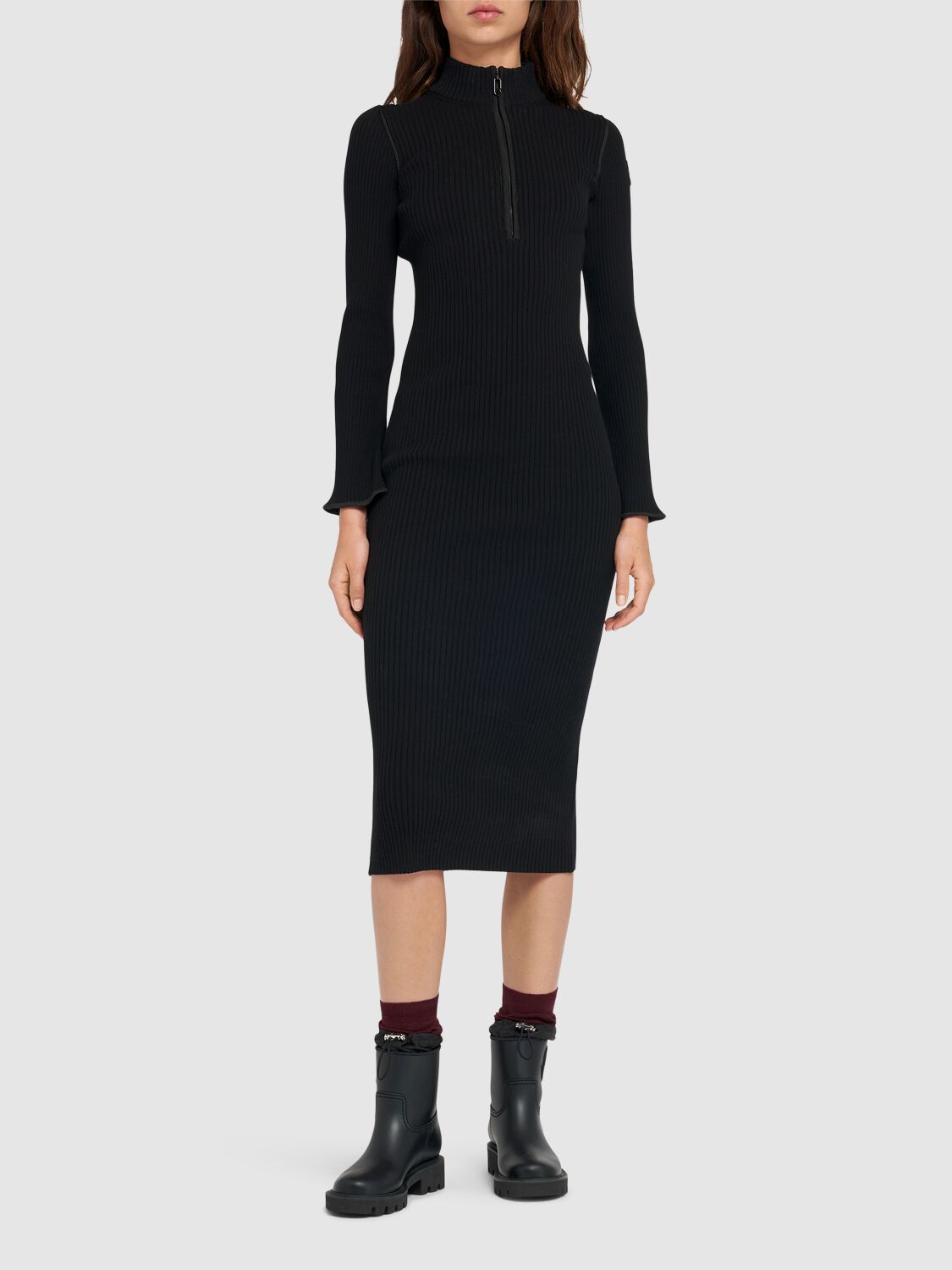 Shop Moncler Wool Blend Midi Dress In Black