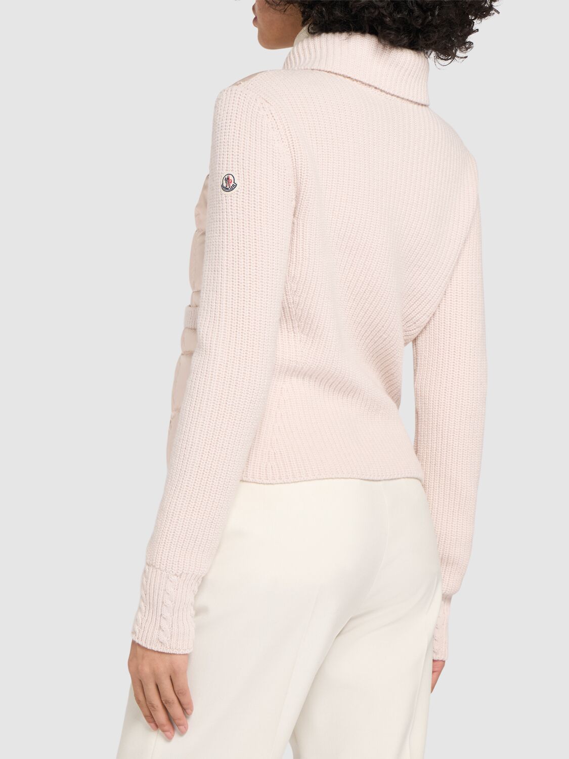 Shop Moncler Padded Virgin Wool Blend Down Cardigan In Light Pink