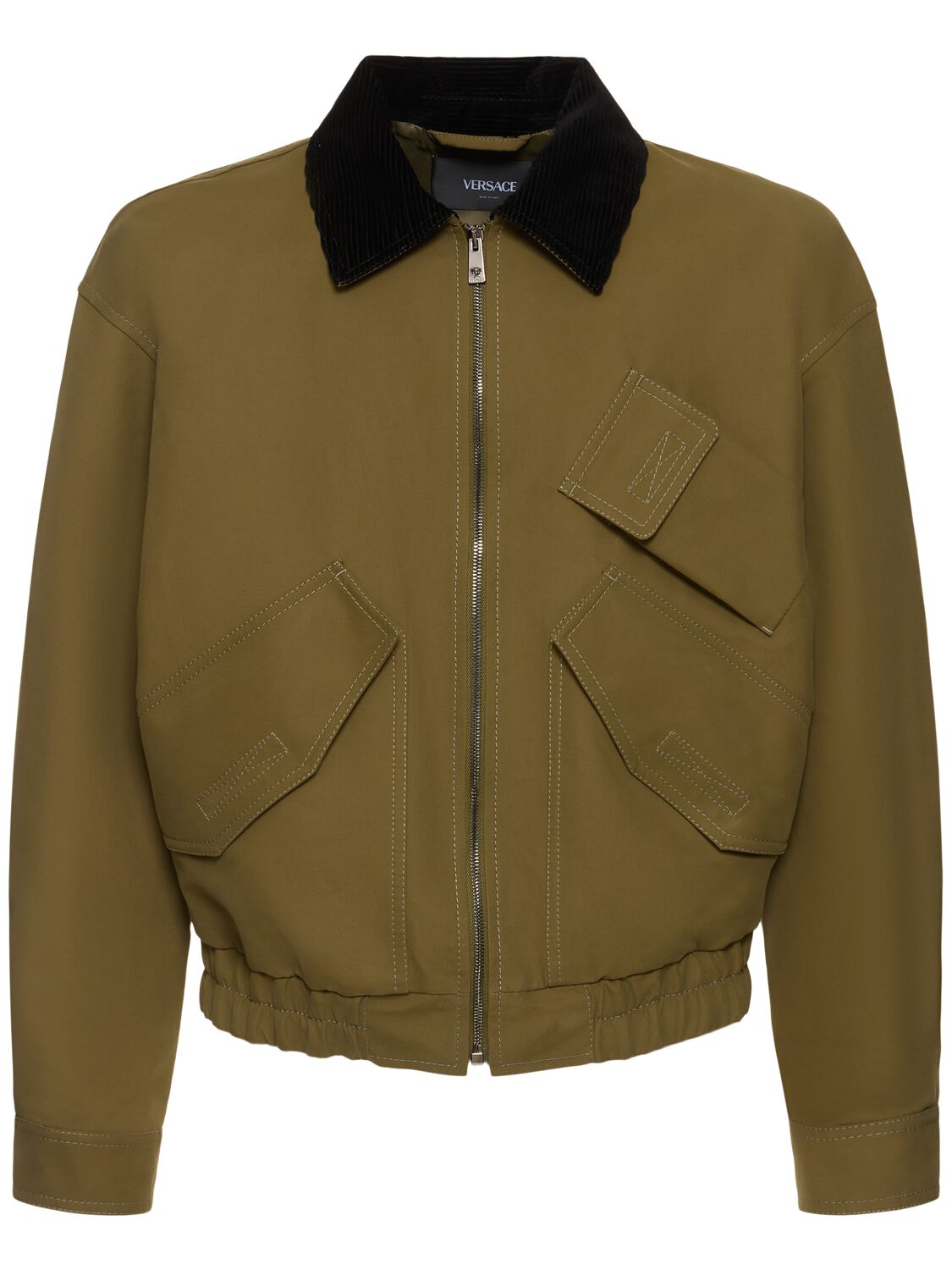 Versace Double Cotton Zip-up Jacket In Dark Olive