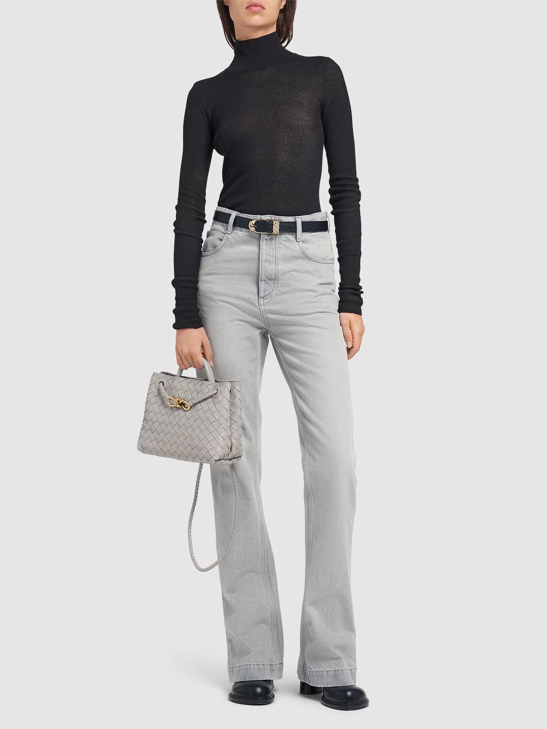 Shop Bottega Veneta Washed Flared Denim Jeans In Light Grey